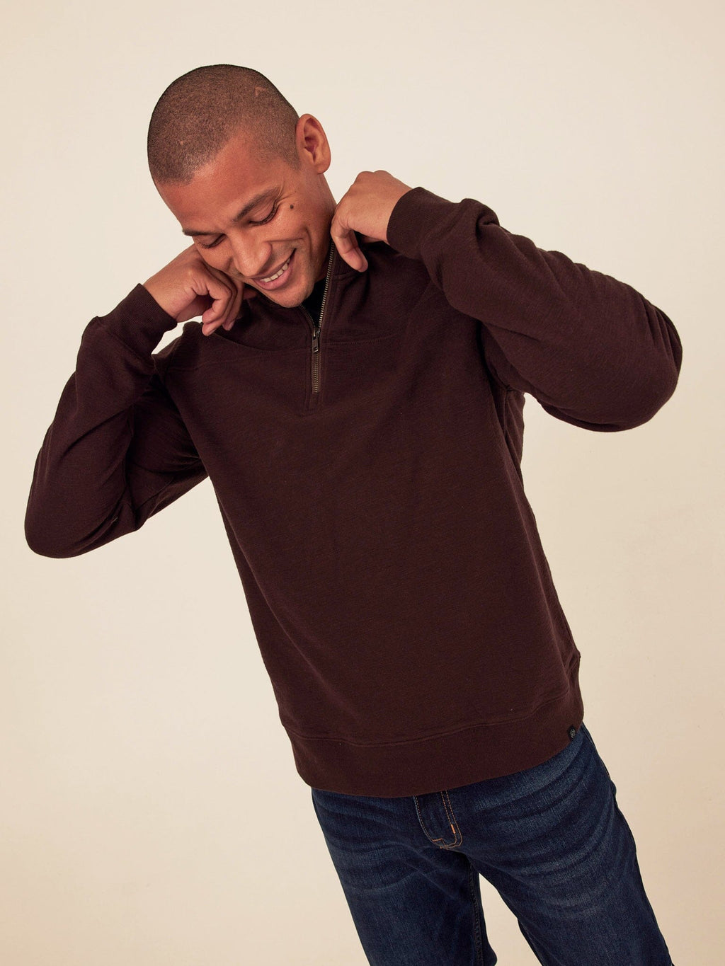 Christian Comfort Slub Terry Half Zip Pullover in Dark Brown