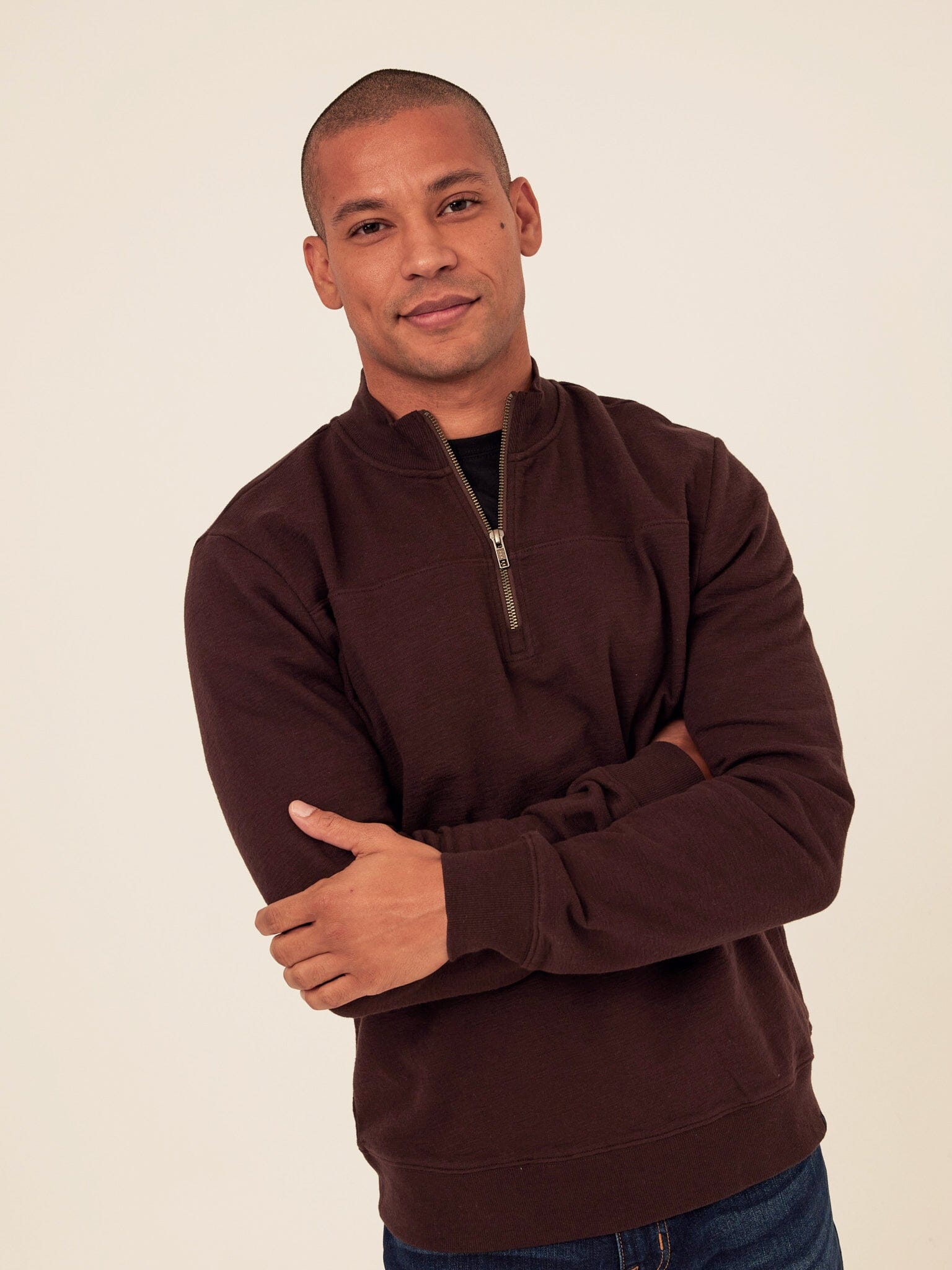 Christian Comfort Slub Terry Half Zip Pullover in Dark Brown
