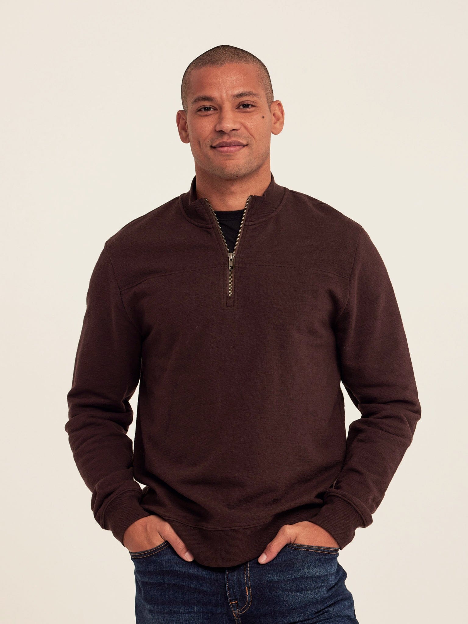 Christian Comfort Slub Terry Half Zip Pullover in Dark Brown