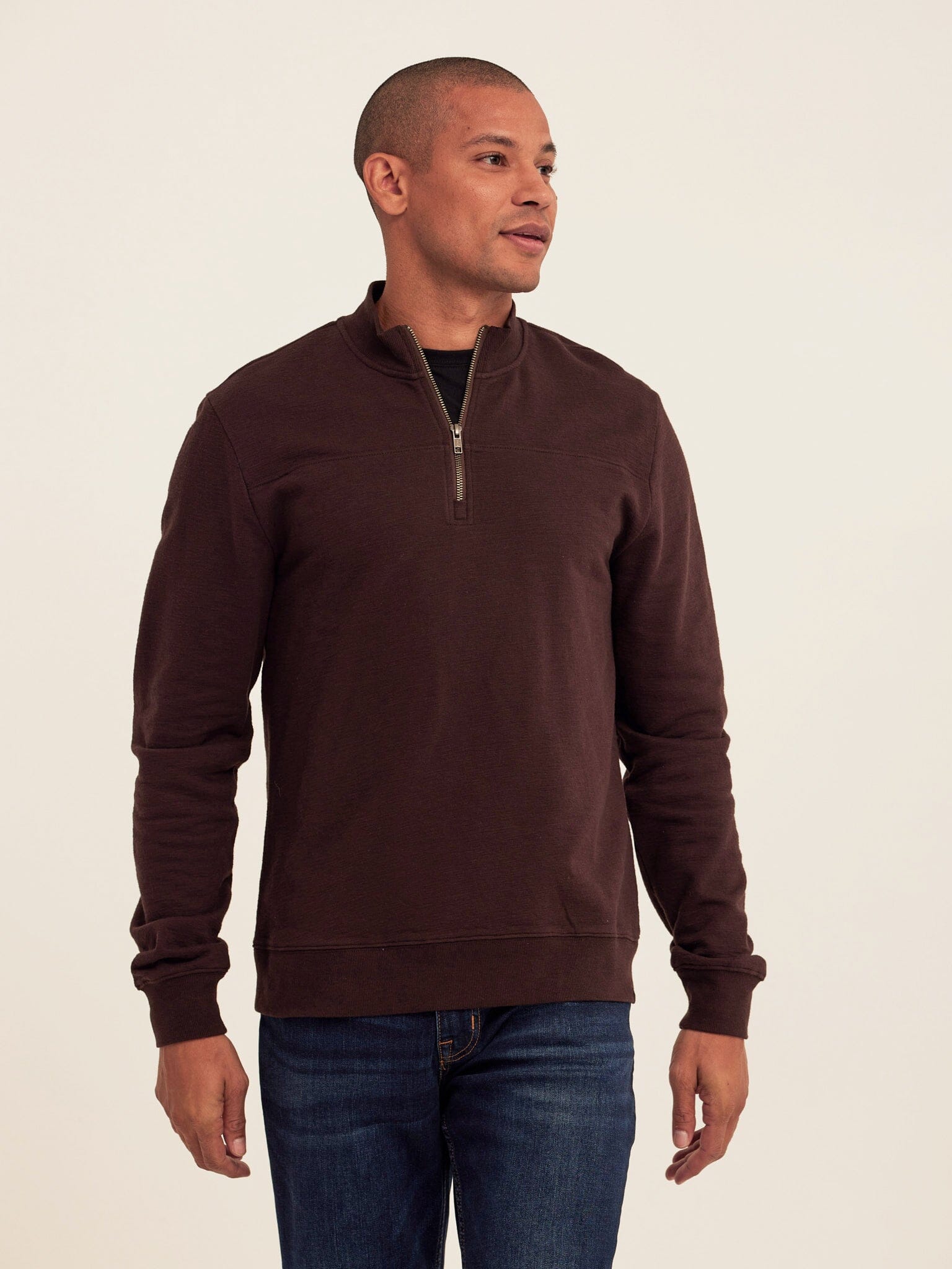 Christian Comfort Slub Terry Half Zip Pullover in Dark Brown