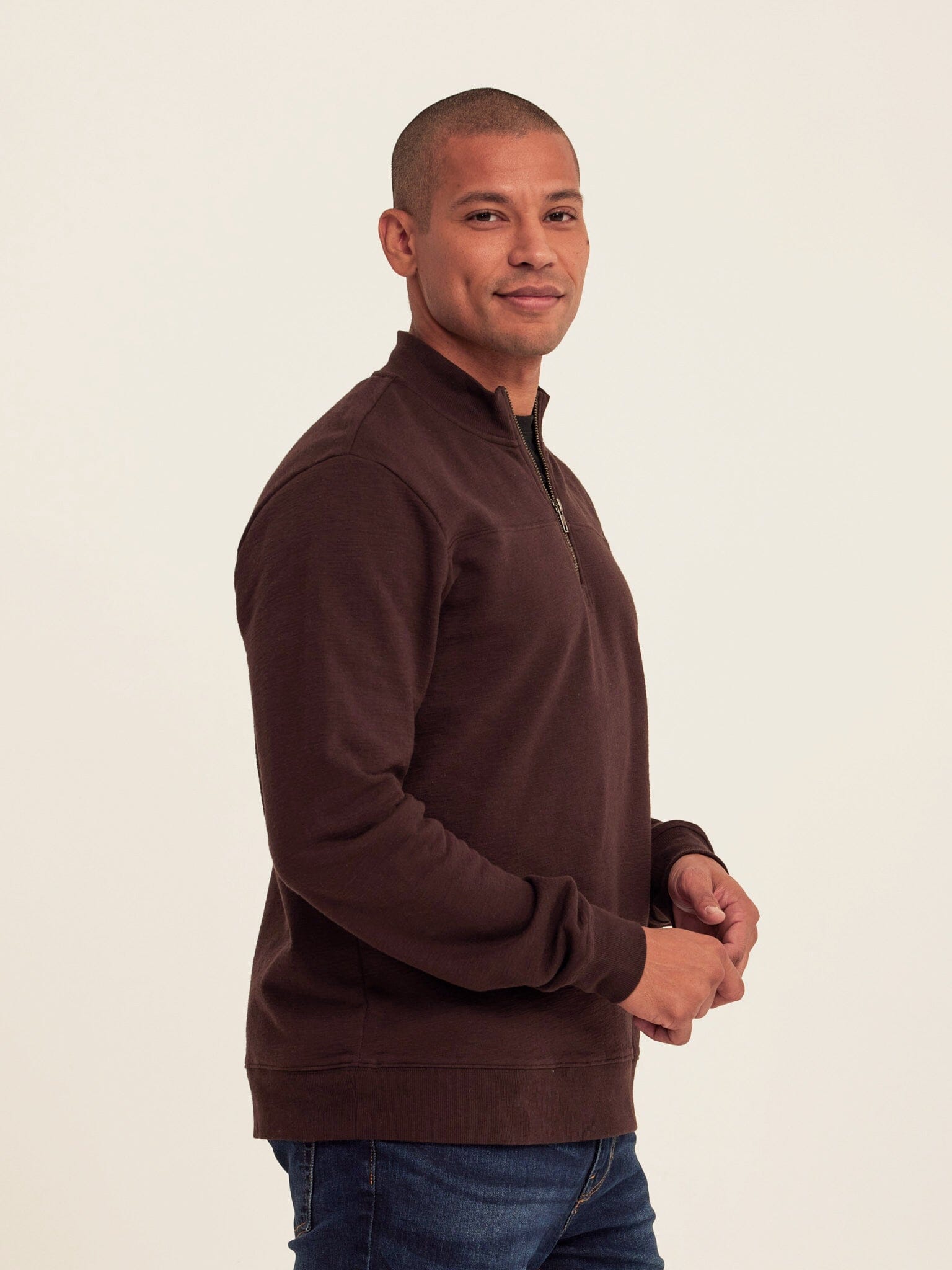 Christian Comfort Slub Terry Half Zip Pullover in Dark Brown