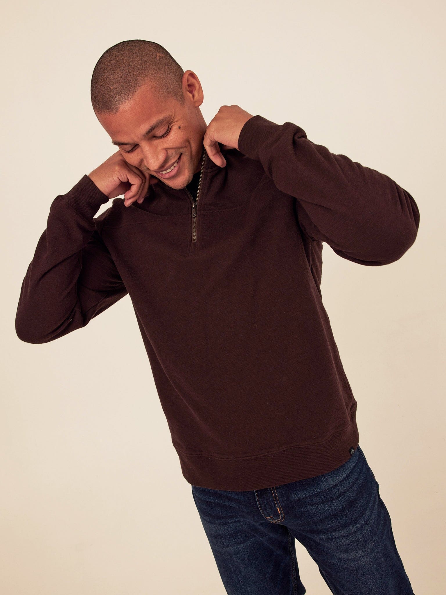 Christian Comfort Slub Terry Half Zip Pullover in Dark Brown