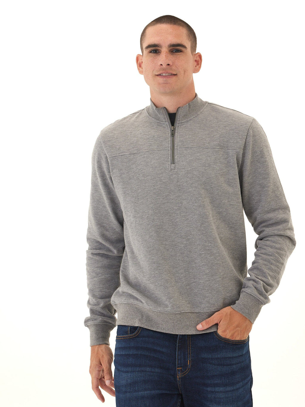 Men's grey slub terry half zip pullover with a minimalist, relaxed fit design.