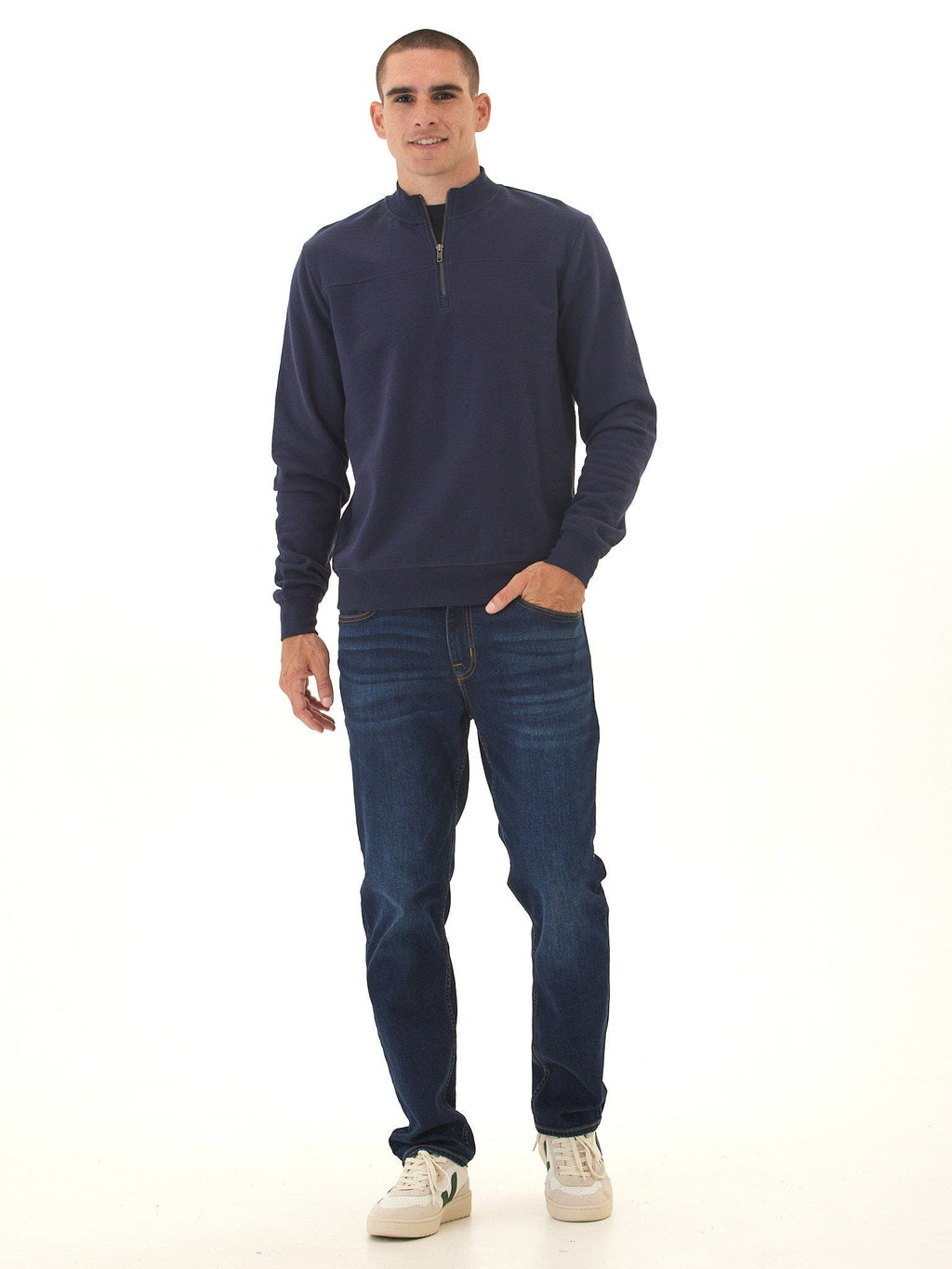 Men's Comfort Slub Terry Half Zip Pullover in Navy Blue