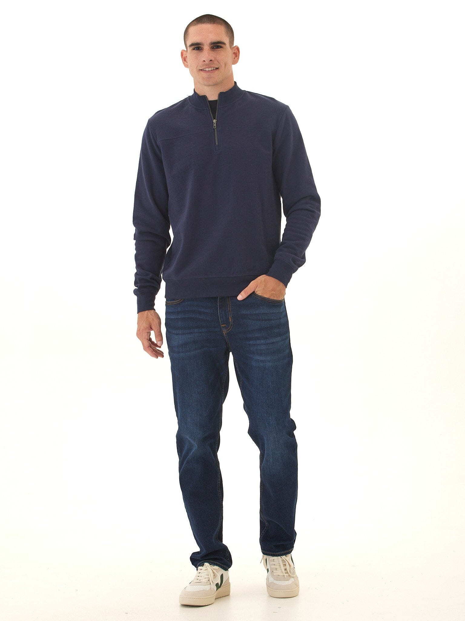 Men's Comfort Slub Terry Half Zip Pullover in Navy Blue