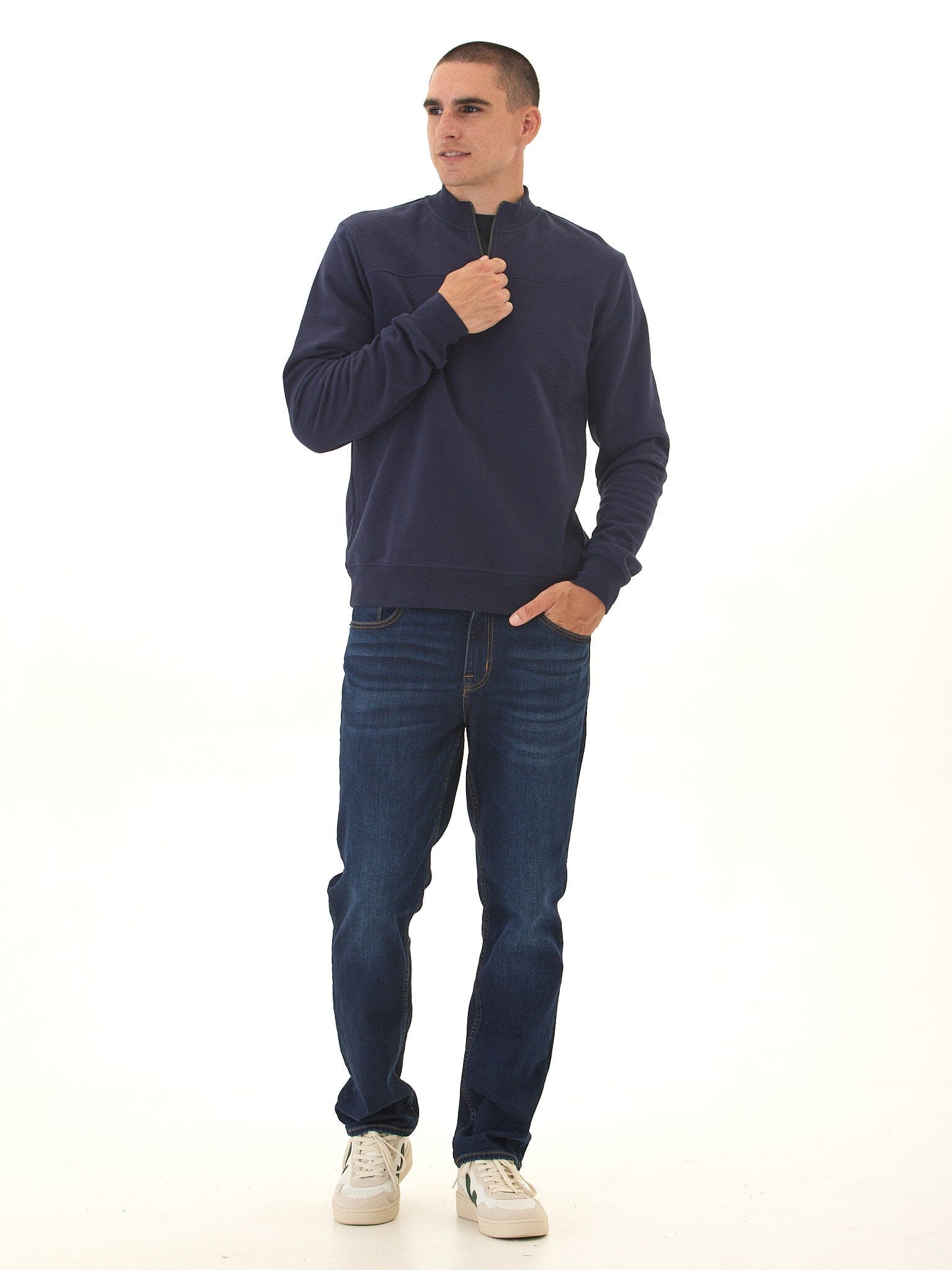 Men's Comfort Slub Terry Half Zip Pullover in Navy Blue