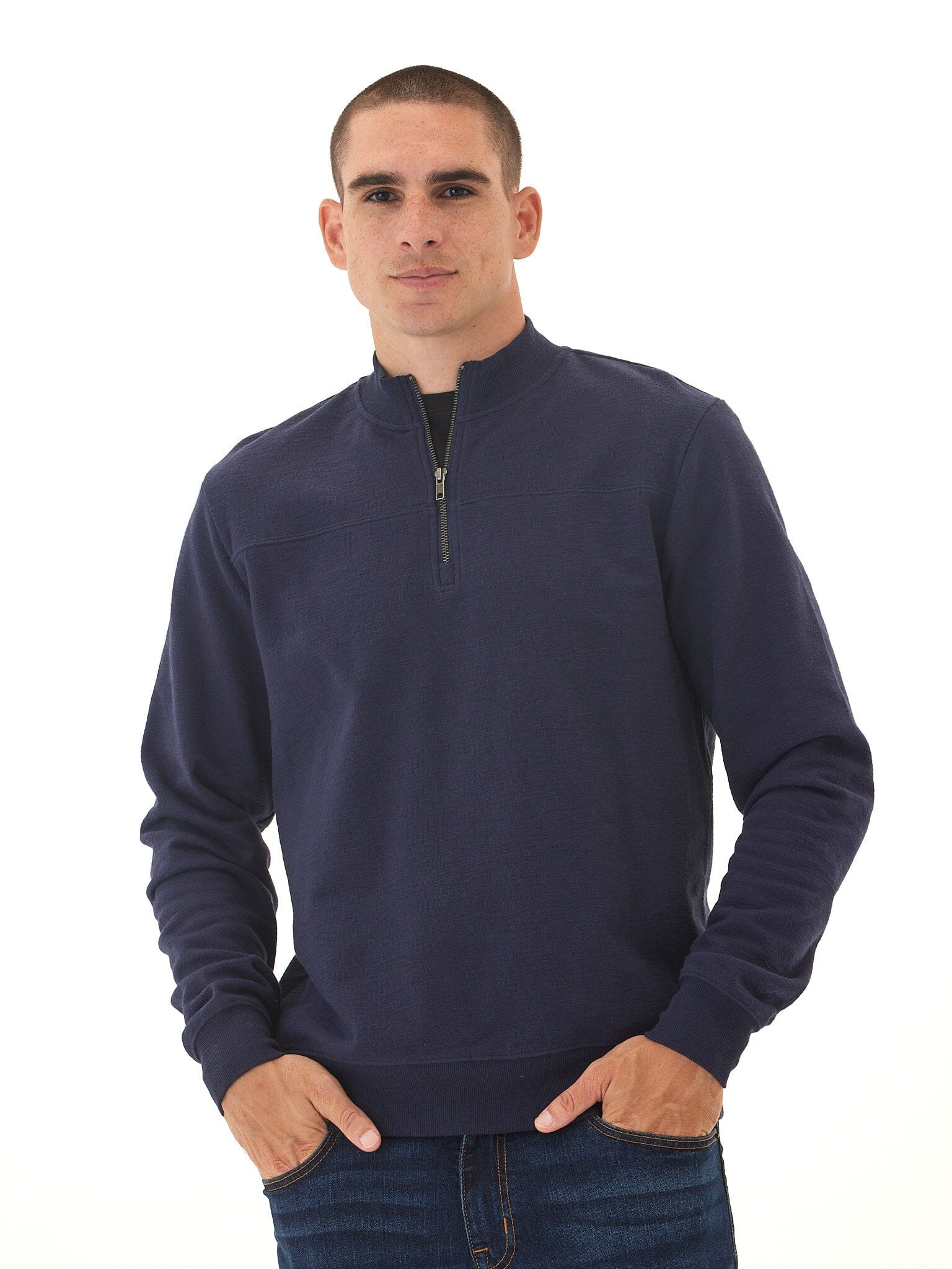 Men's Comfort Slub Terry Half Zip Pullover in Navy Blue