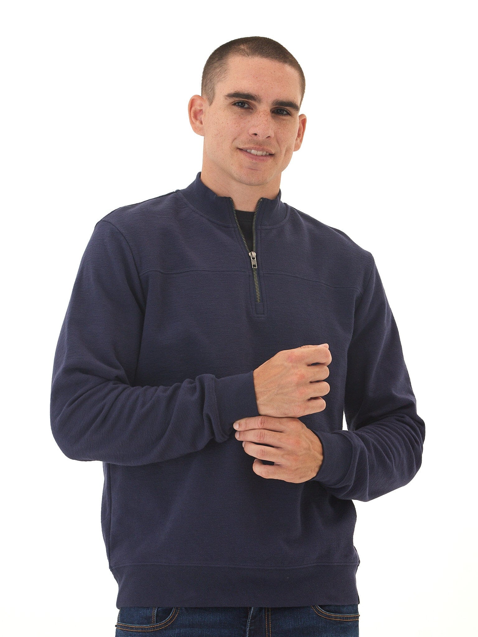 Men's navy blue half zip pullover in slub terry knit fabric