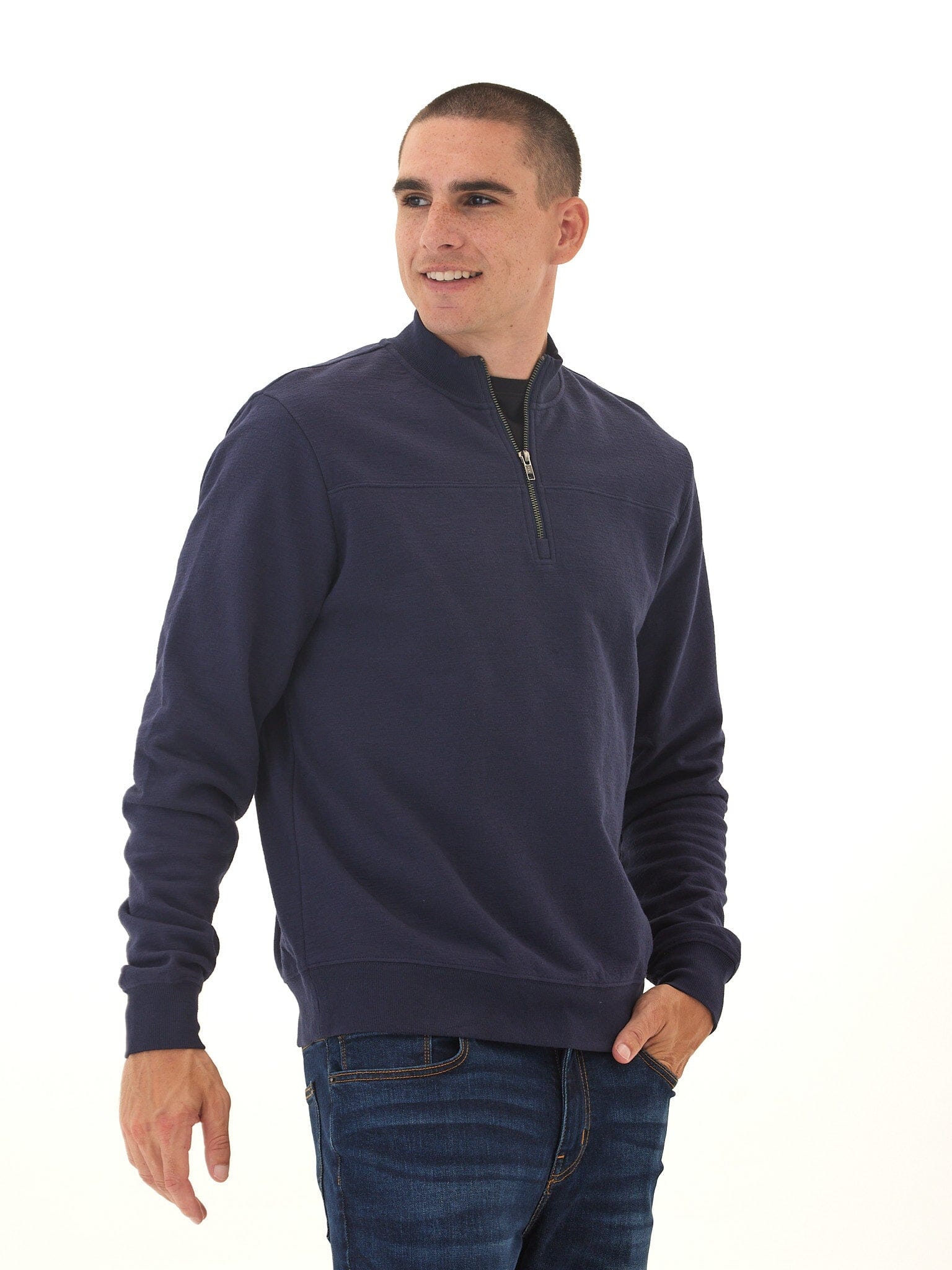 Men's Comfort Slub Terry Half Zip Pullover in Navy Blue