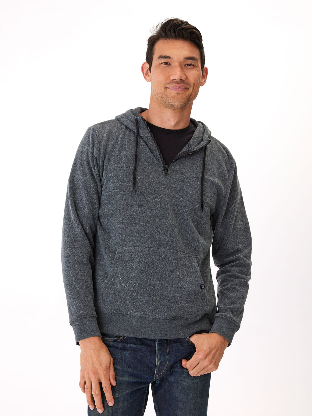 Men's Triblend Breton Half Zip Hoodie in Charcoal-Grey and Black