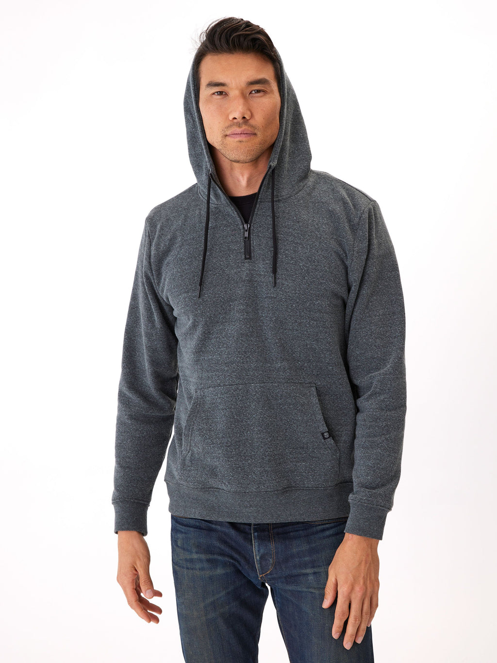 Men wearing a charcoal-grey triblend half-zip hoodie with solid pattern