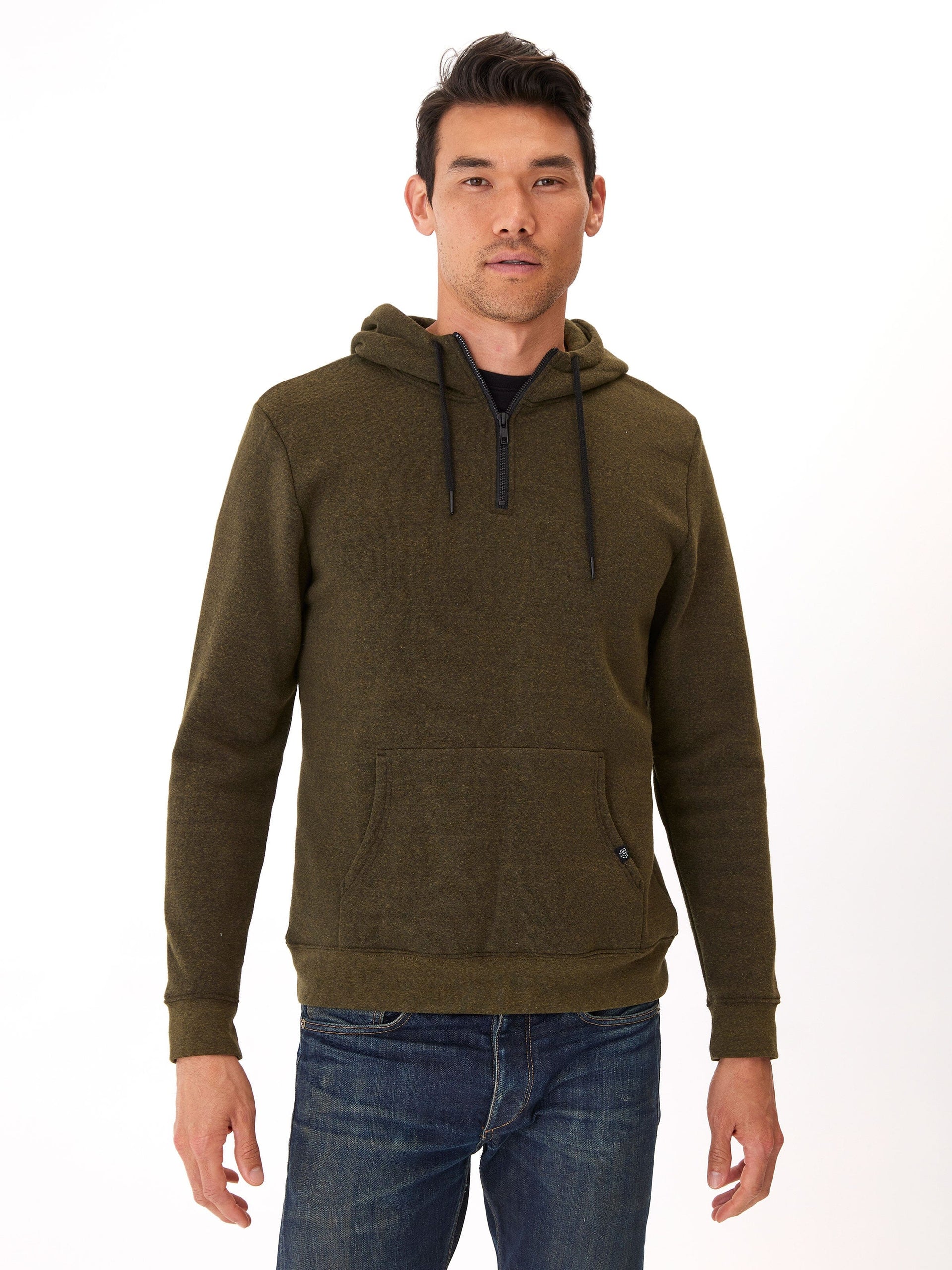 Triblend Breton Half Zip Hoodie in Olive Green and Black