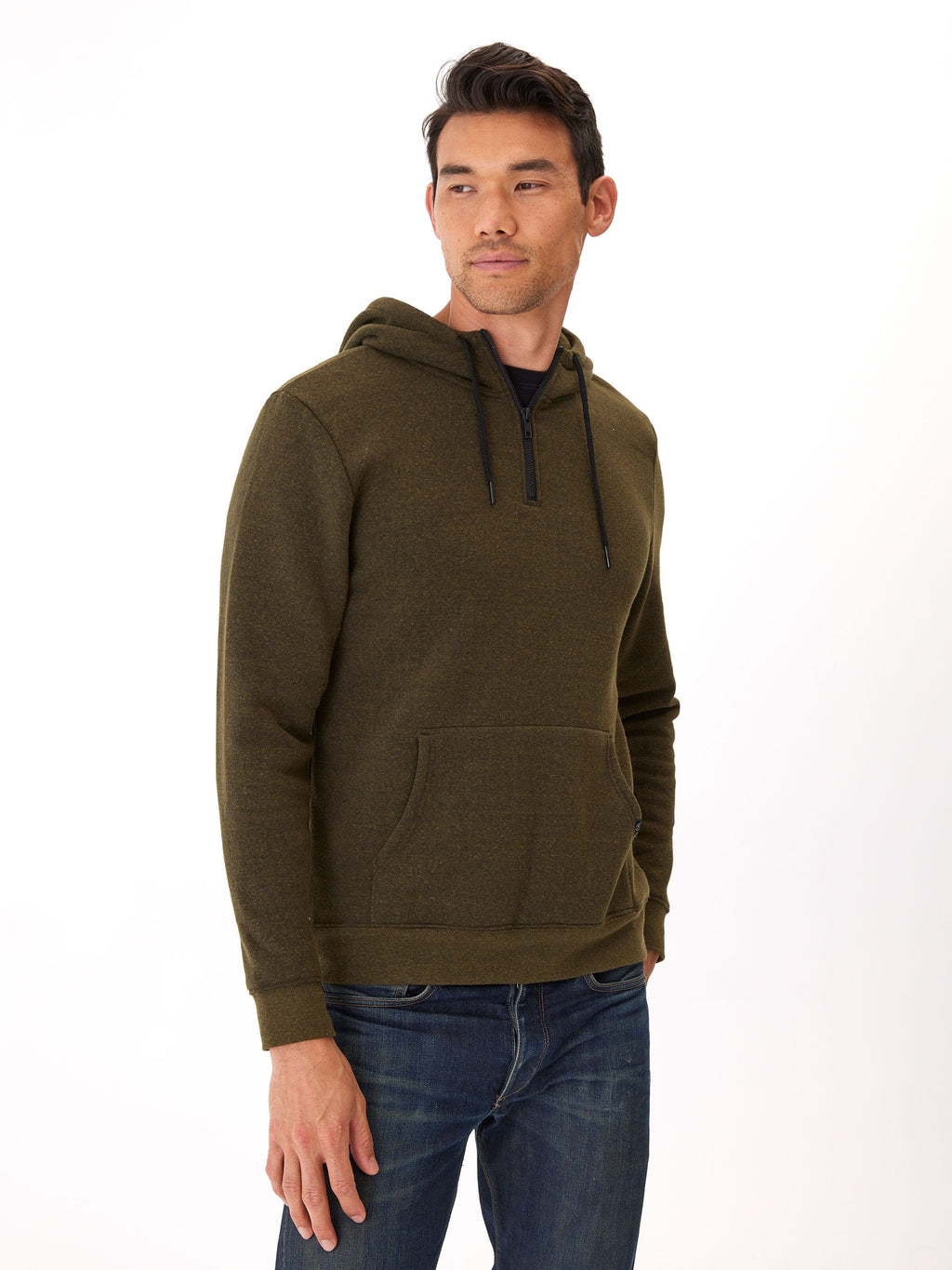 Triblend Breton Half Zip Hoodie in Olive Green and Black