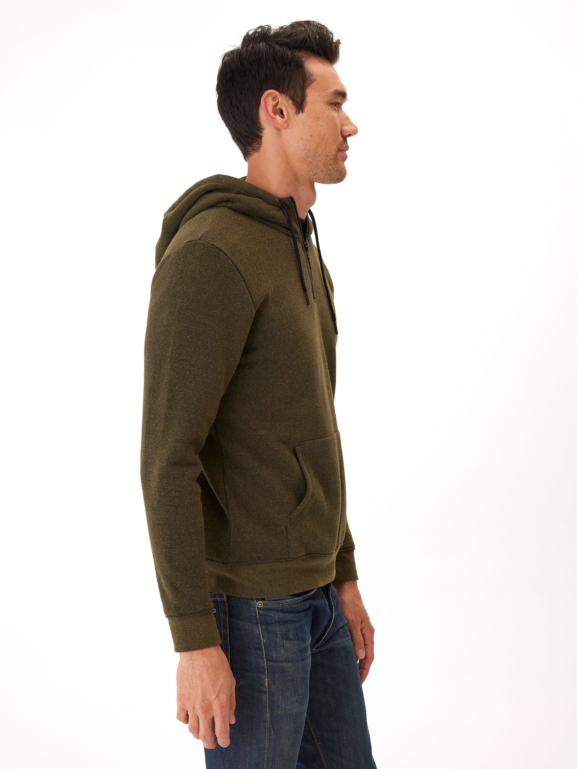 Triblend Breton Half Zip Hoodie in Olive Green and Black
