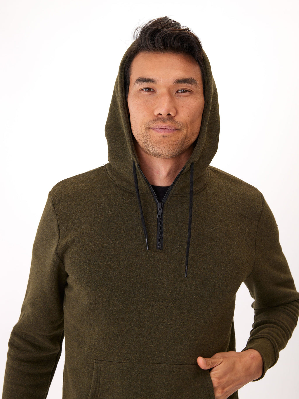 Triblend Breton Half Zip Hoodie in Olive Green and Black