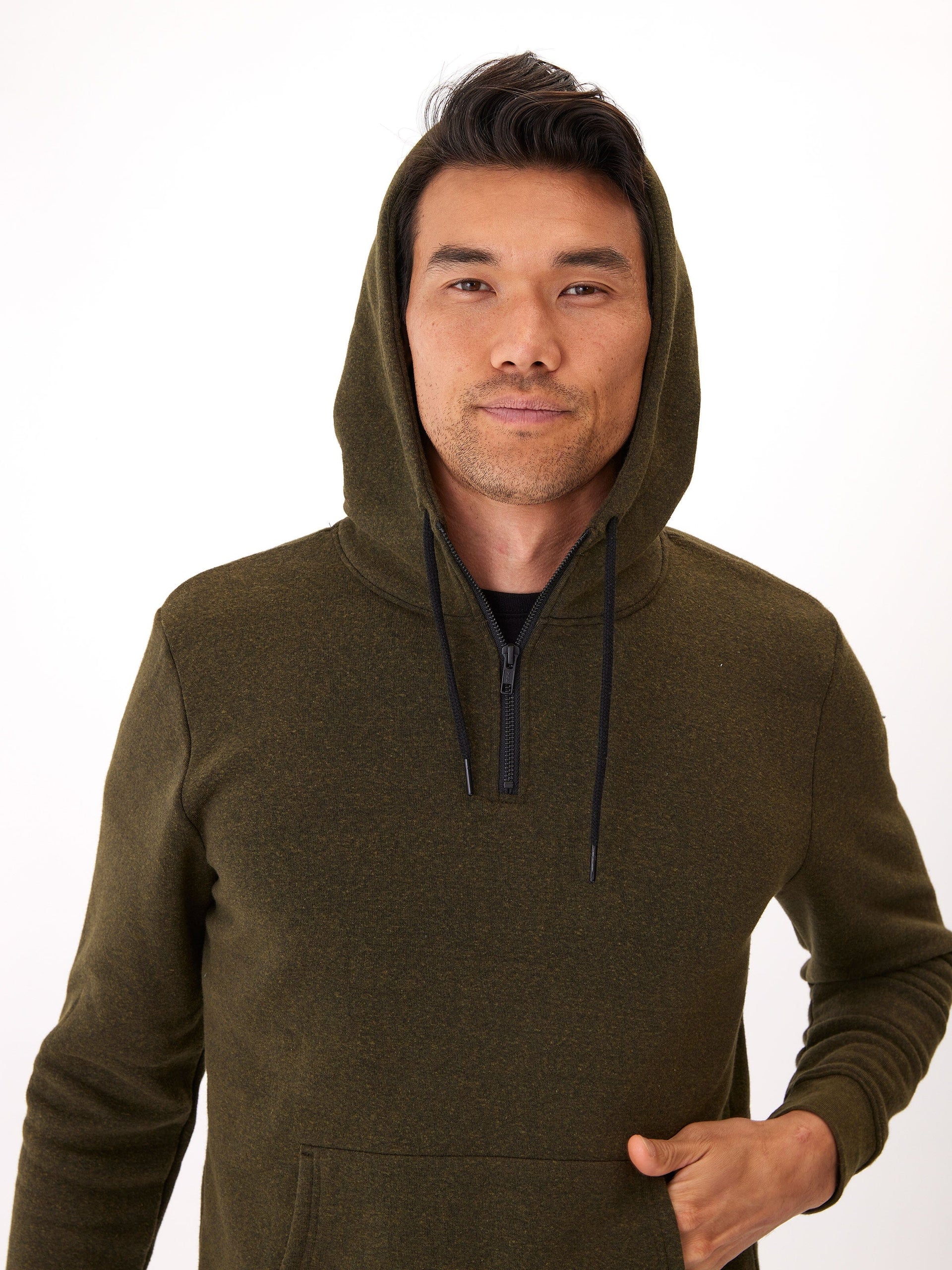 Triblend Breton Half Zip Hoodie in Olive Green and Black