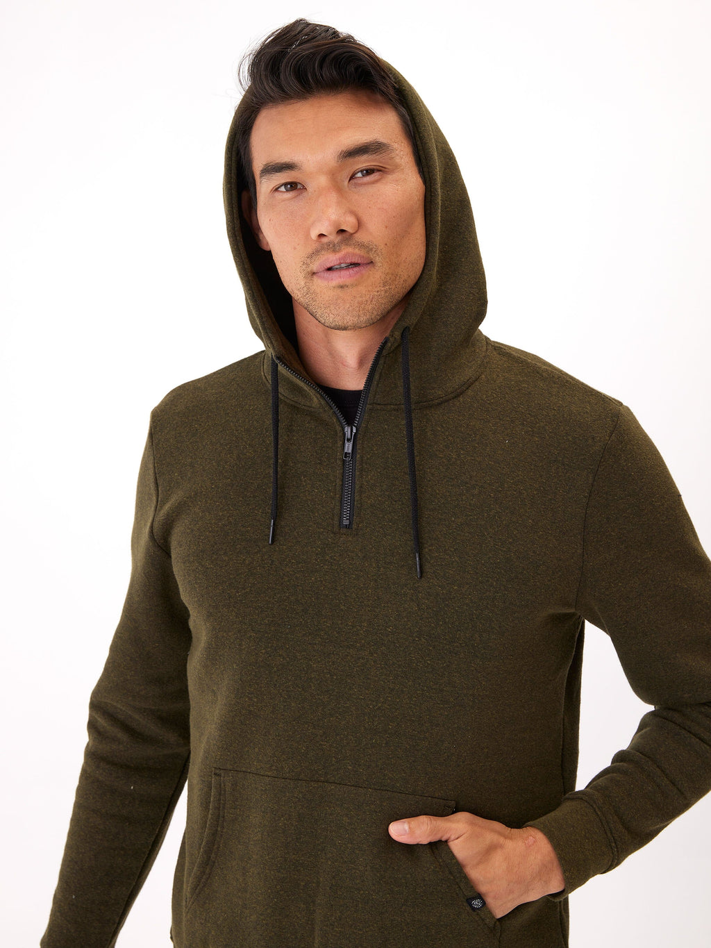 Thread & Supply Triblend Breton Half Zip Hoodie in solid olive green and black.