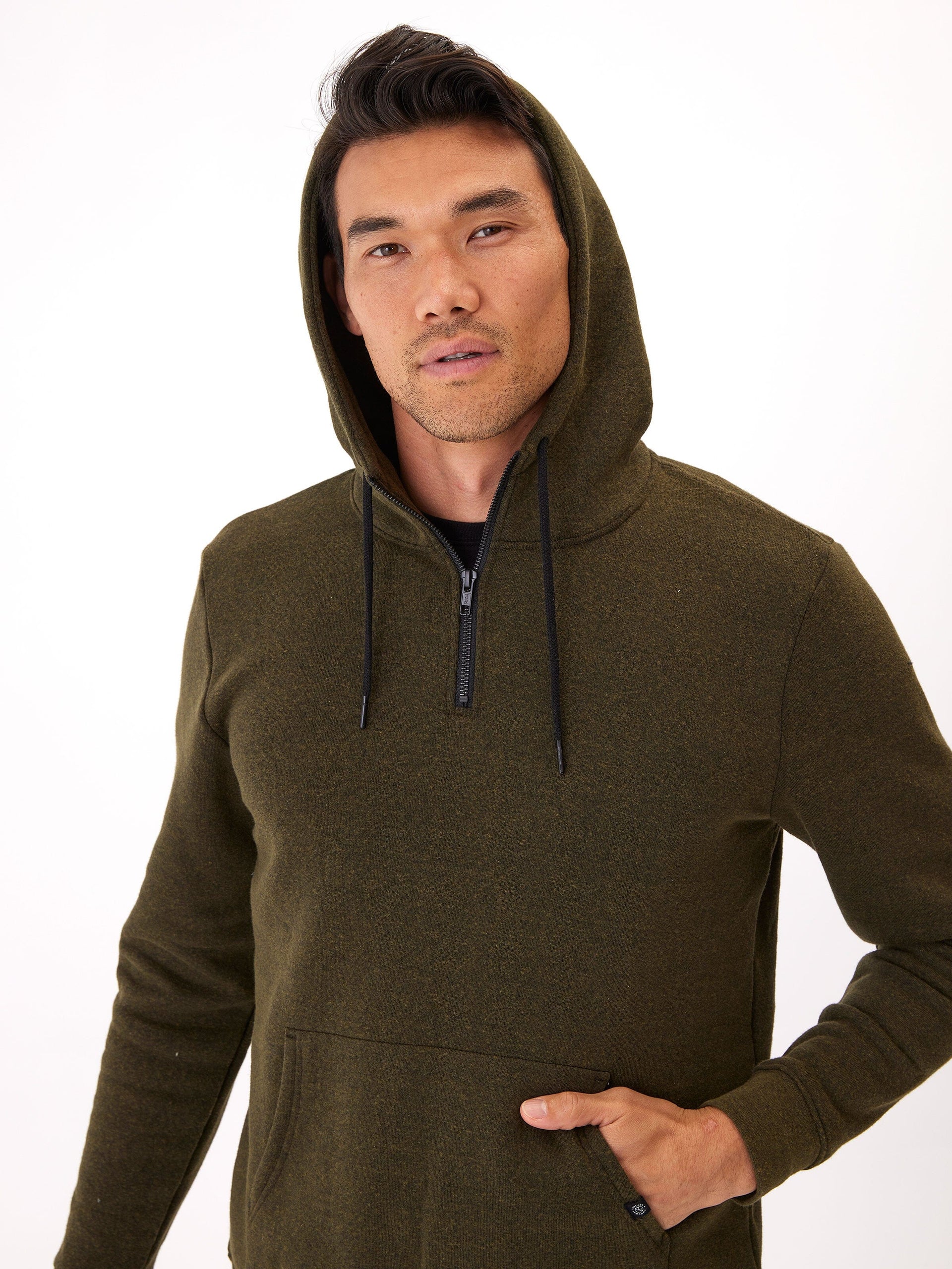 Thread & Supply Triblend Breton Half Zip Hoodie in solid olive green and black.