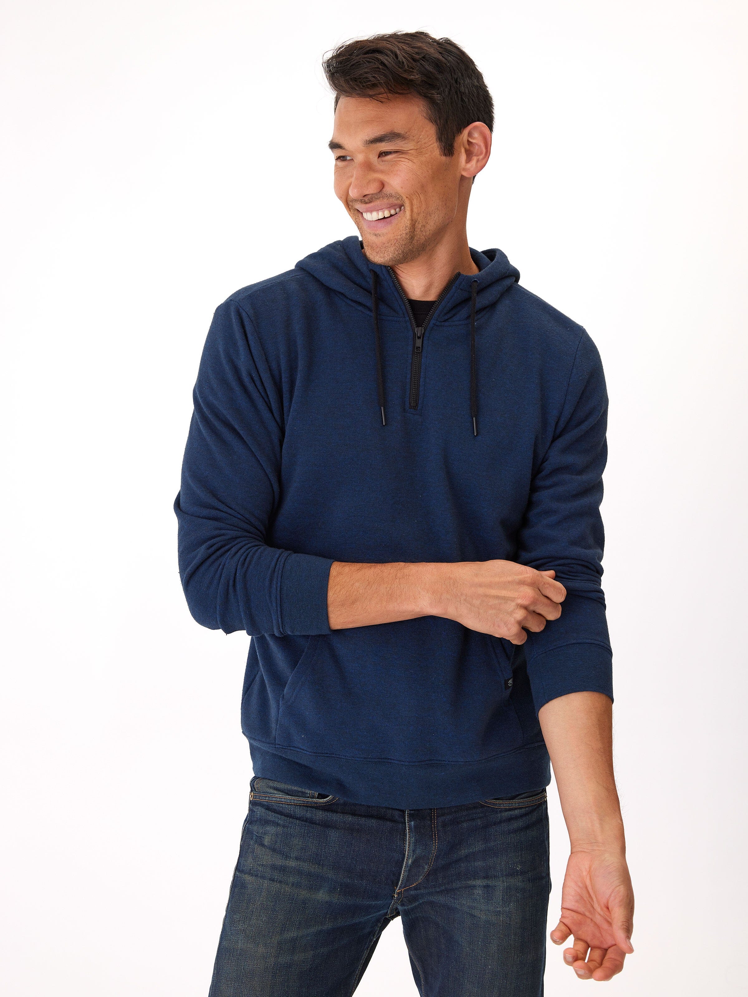 Men's Triblend Breton Half Zip Hoodie - Navy Blue & Black