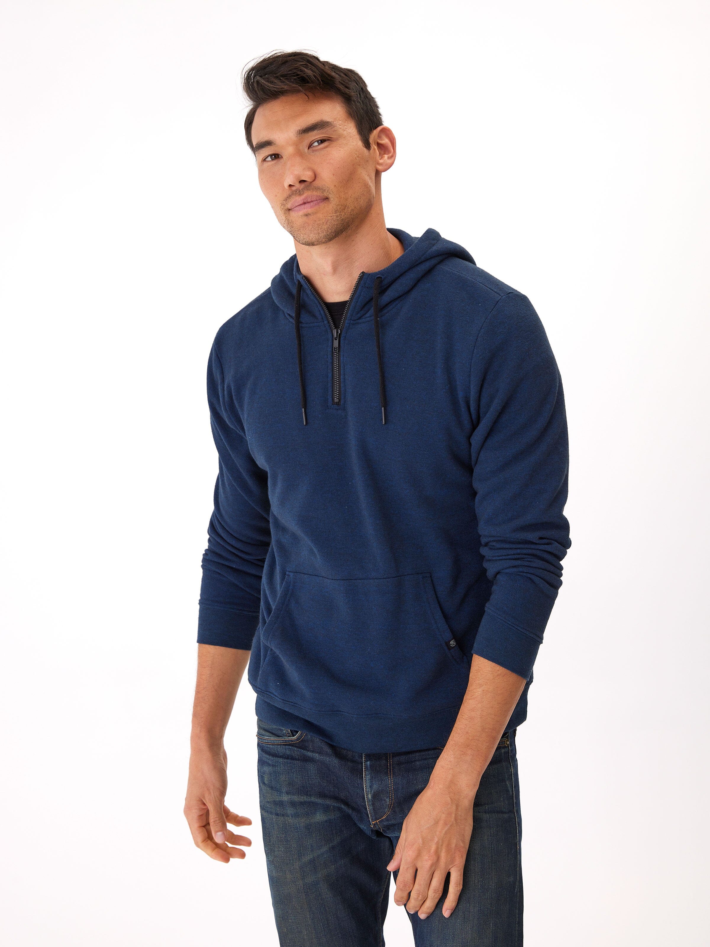 Men's Triblend Breton Half Zip Hoodie - Navy Blue & Black
