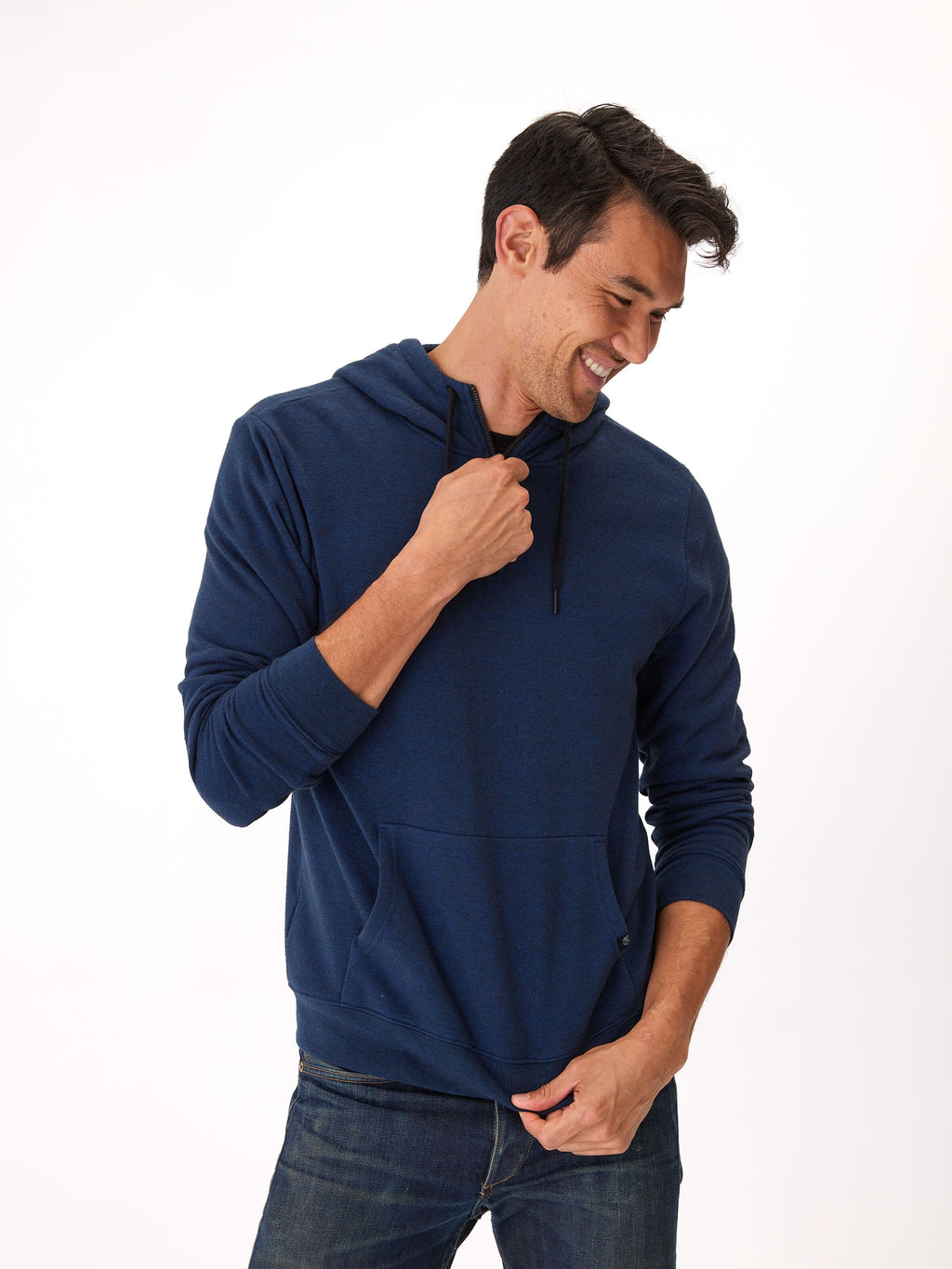 Men wearing a navy blue triblend fleece half zip hoodie in a casual, sporty style.