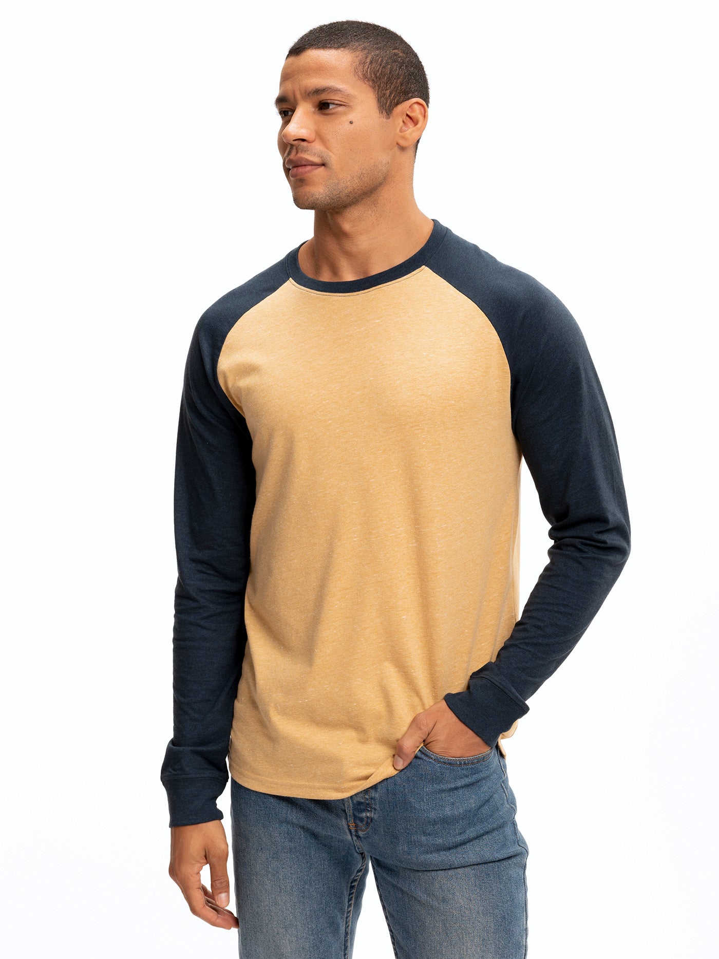 Men's navy-blue and gold-yellow raglan long sleeve tee in textured knit fabric.