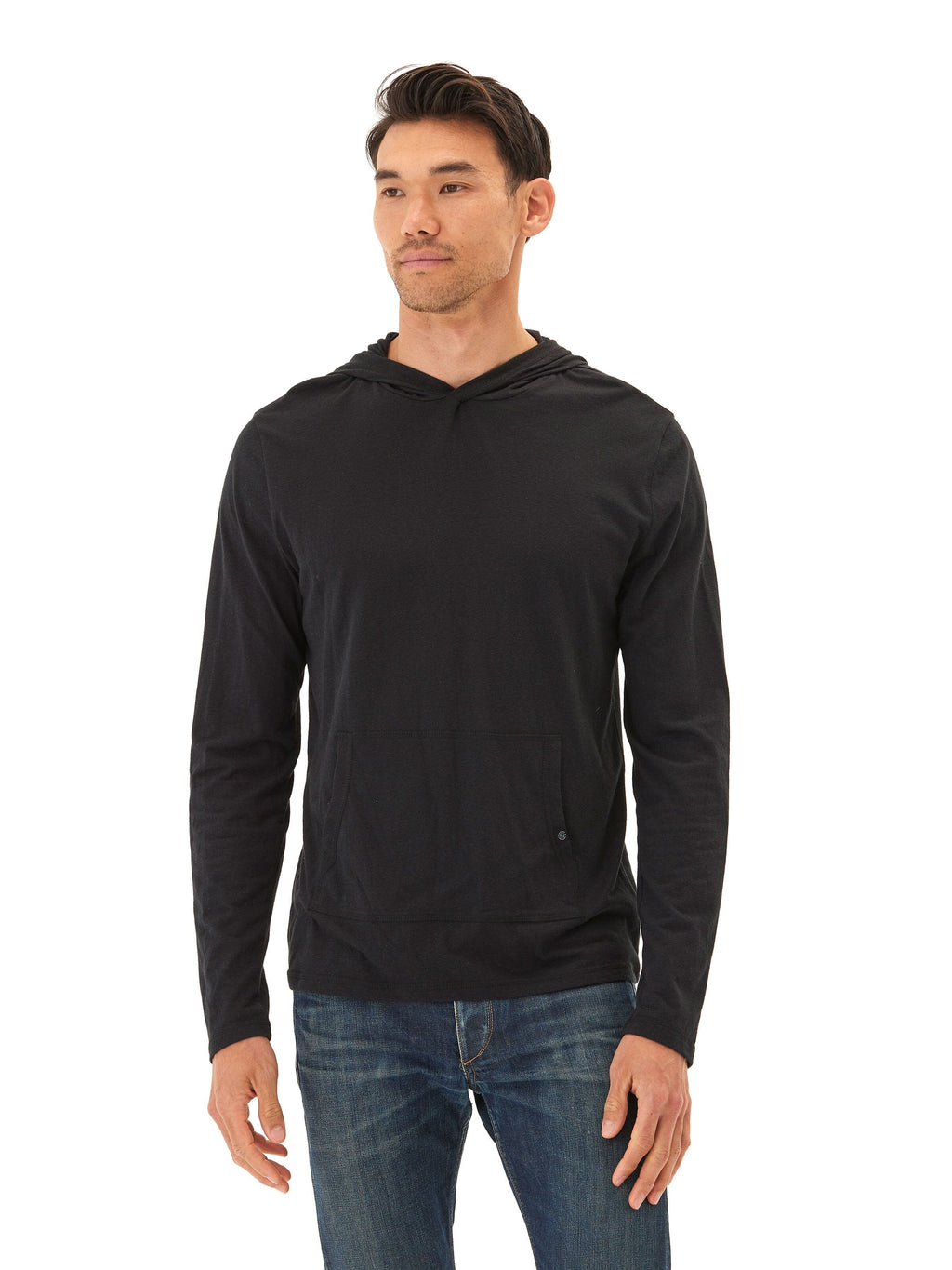 Black long sleeve eco-triblend pullover hoodie made of lightweight jersey knit.