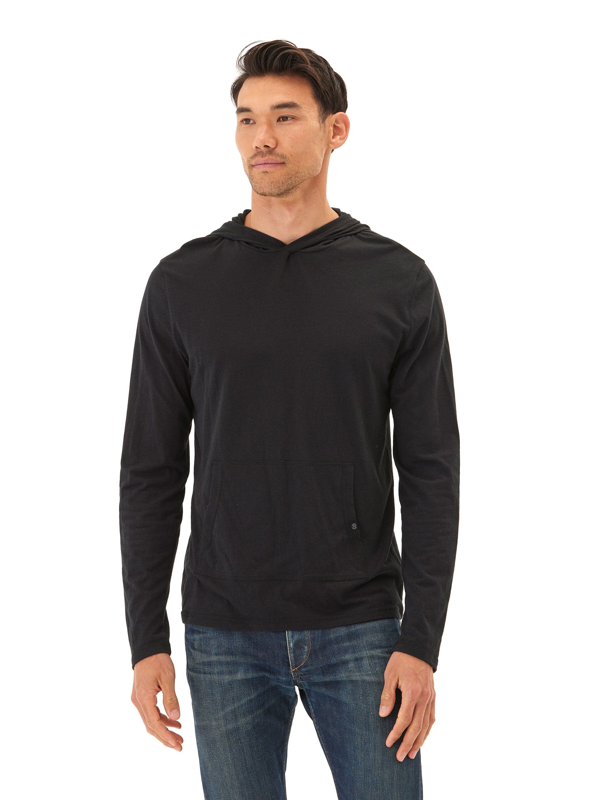 Black long sleeve eco-triblend pullover hoodie made of lightweight jersey knit.