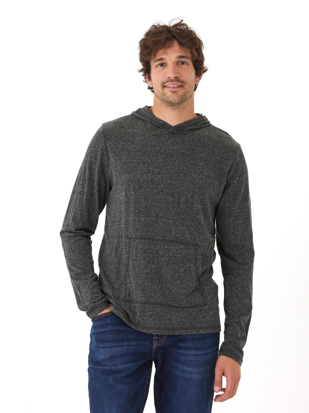 Men's long sleeve triblend tee shirt hoodie in charcoal and heather-grey