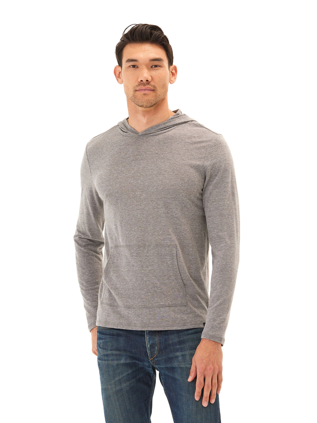 Men's Long Sleeve Triblend Tee Shirt Hoodie in Heathered Grey
