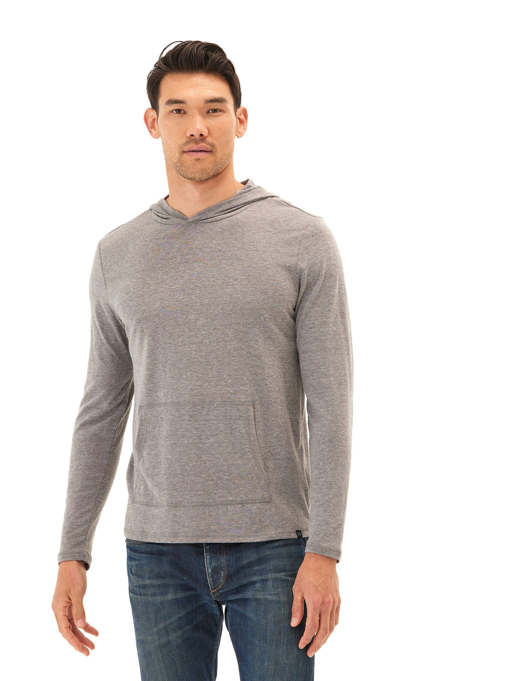 Men's Long Sleeve Triblend Tee Shirt Hoodie in Heathered Grey