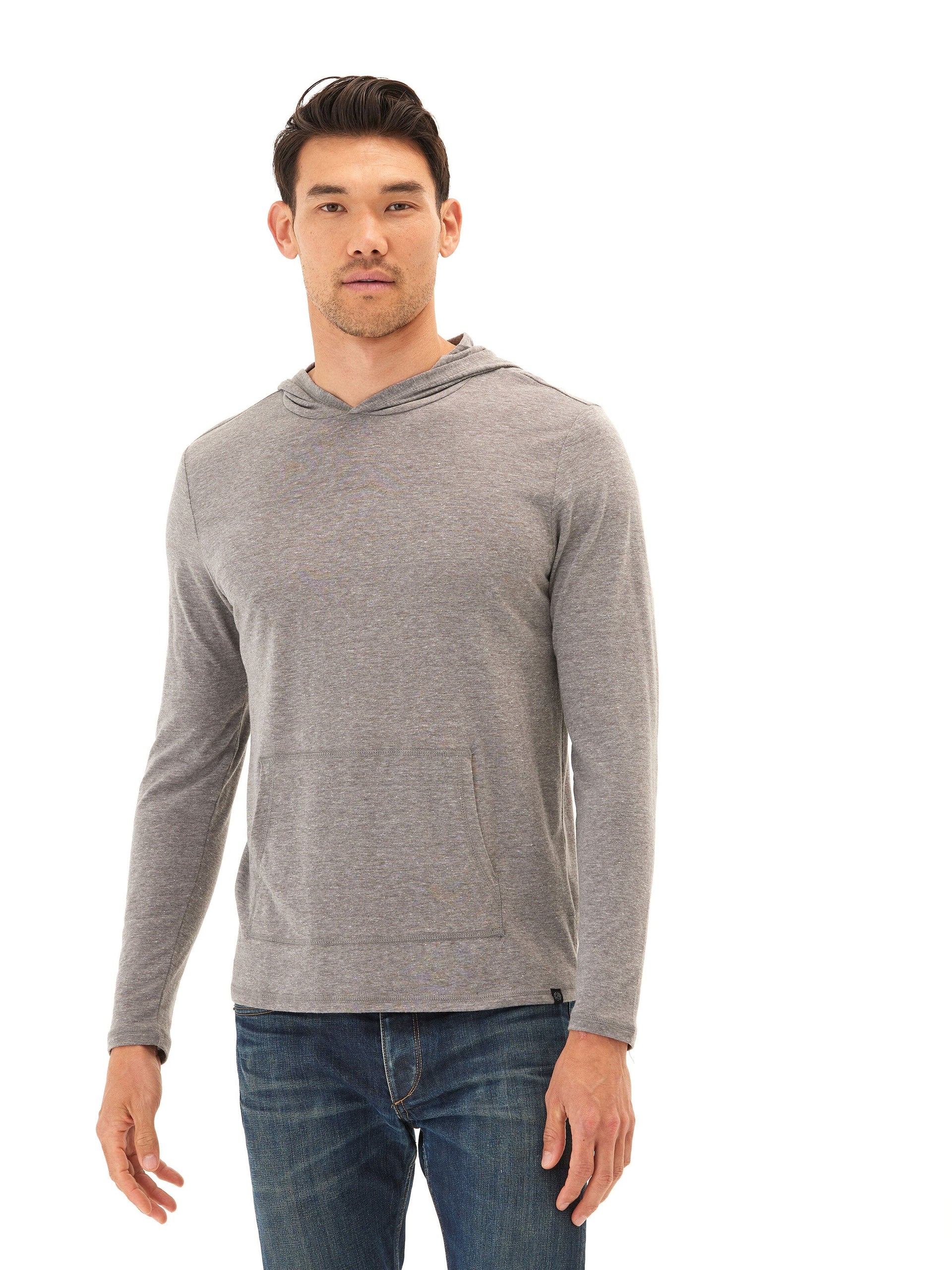 Men's Long Sleeve Triblend Tee Shirt Hoodie in Heathered Grey