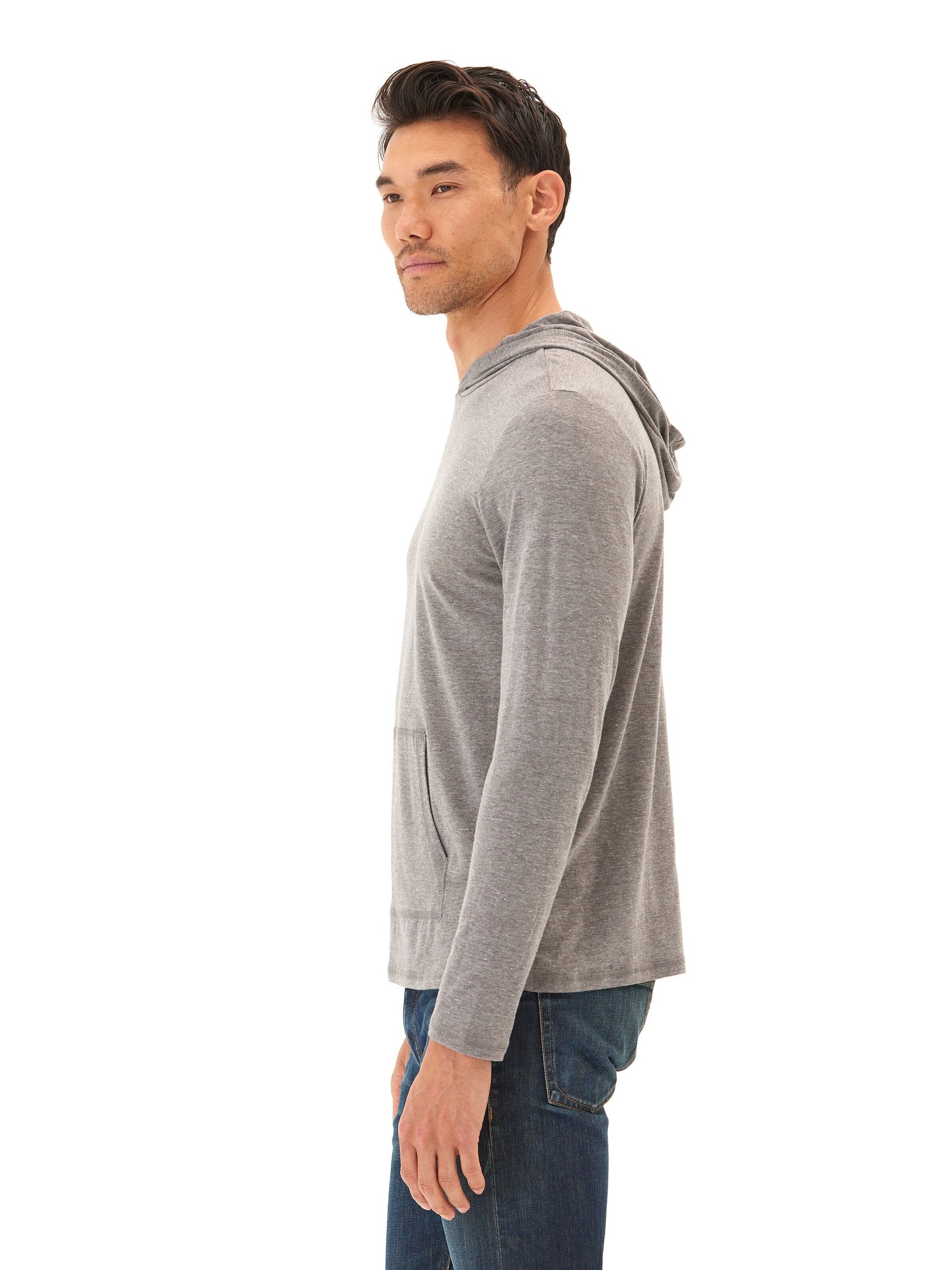 Men's Long Sleeve Triblend Tee Shirt Hoodie in Heathered Grey