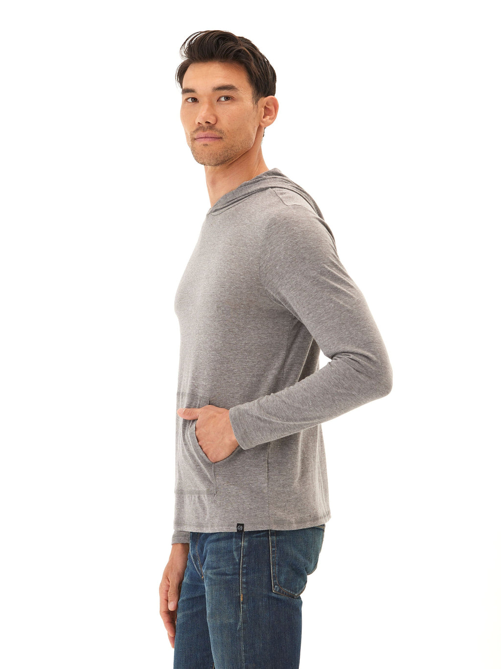 Men's Long Sleeve Triblend Tee Shirt Hoodie in Heathered Grey