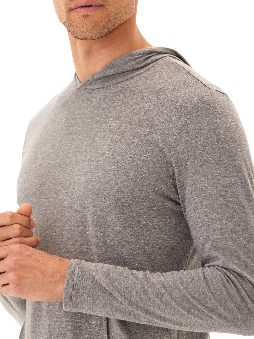Men's long sleeve triblend hoodie in heathered grey, casual sporty pullover design with a straight silhouette