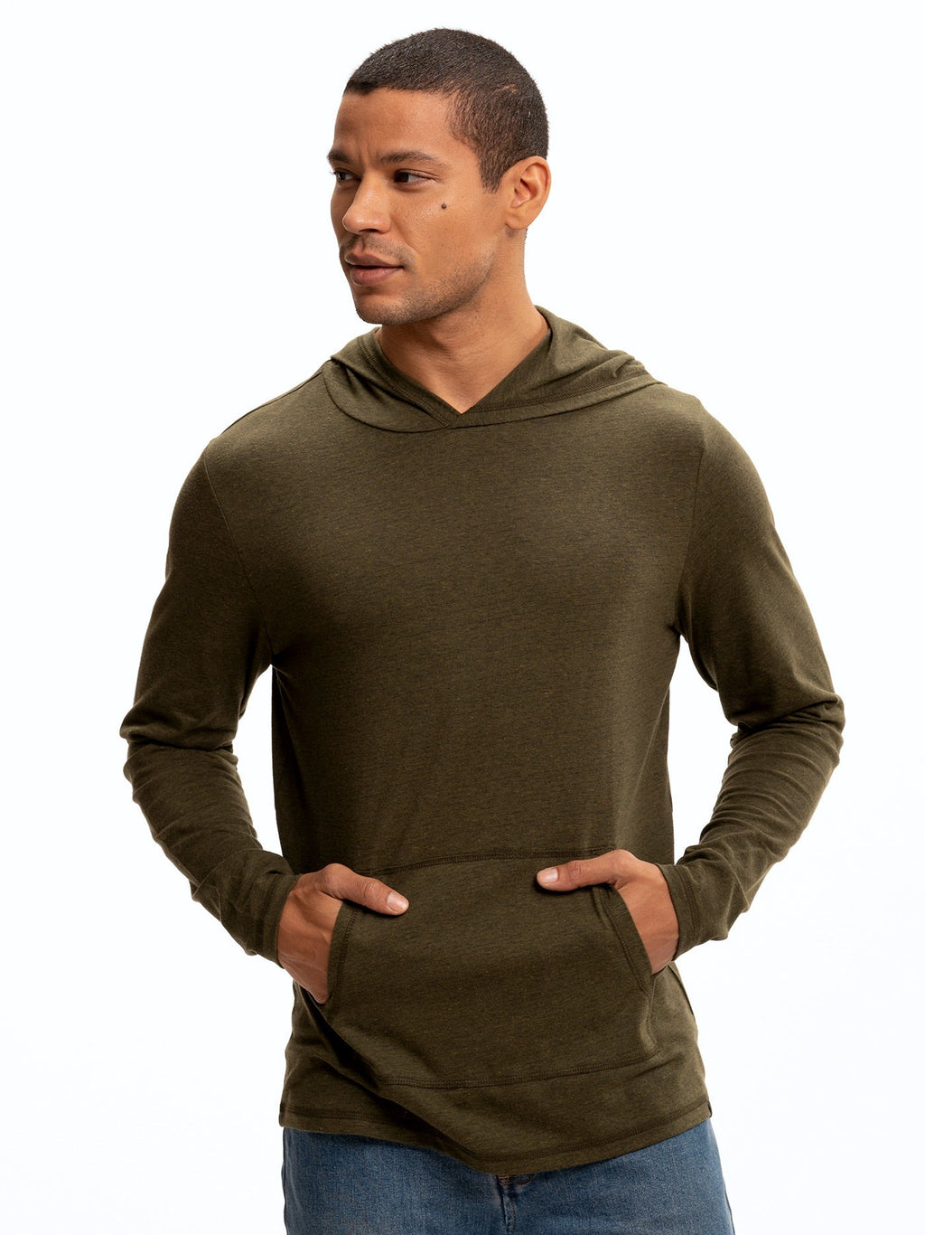 Olive green men's long sleeve triblend tee shirt hoodie.