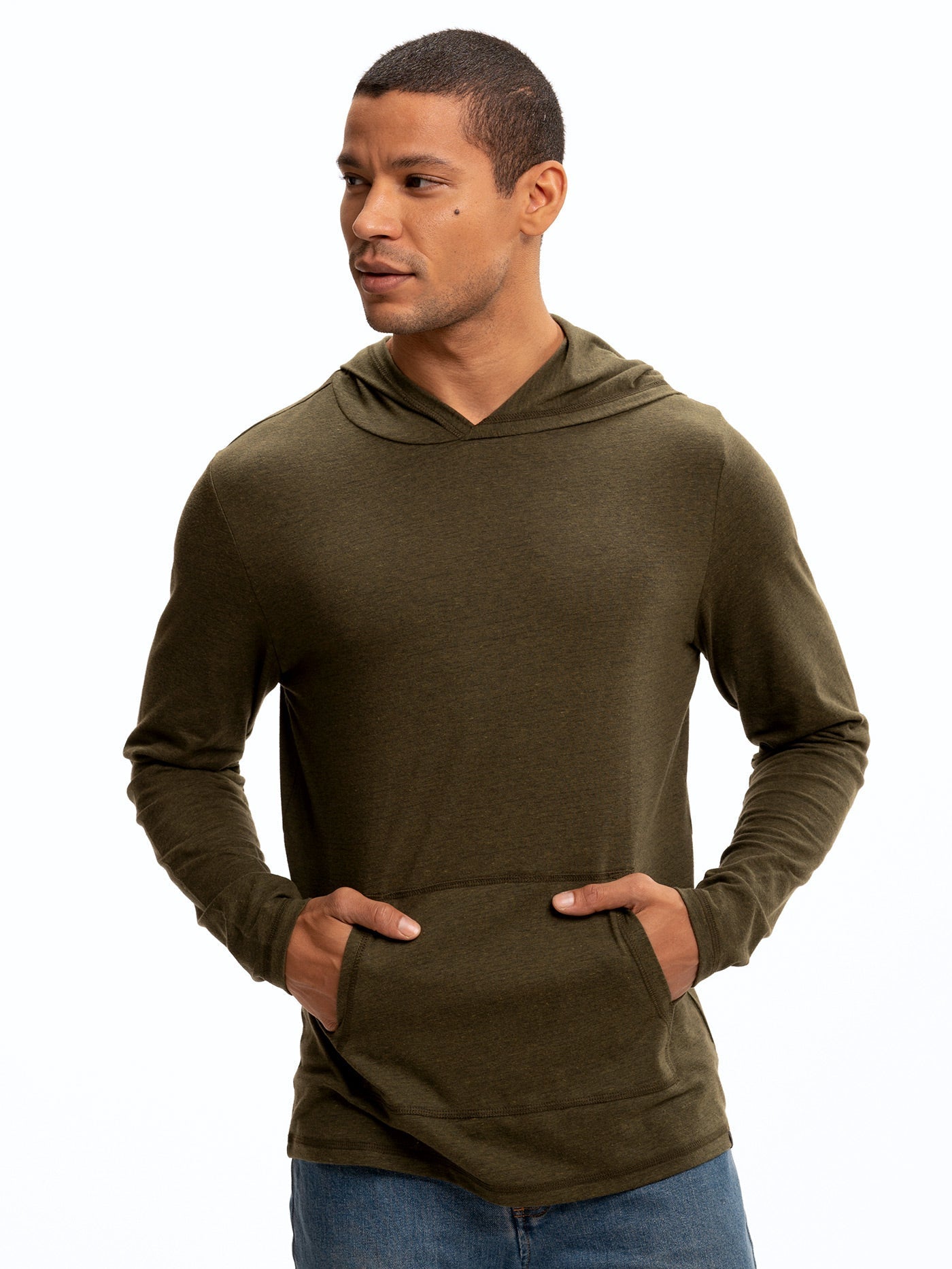 Olive green men's long sleeve triblend tee shirt hoodie.