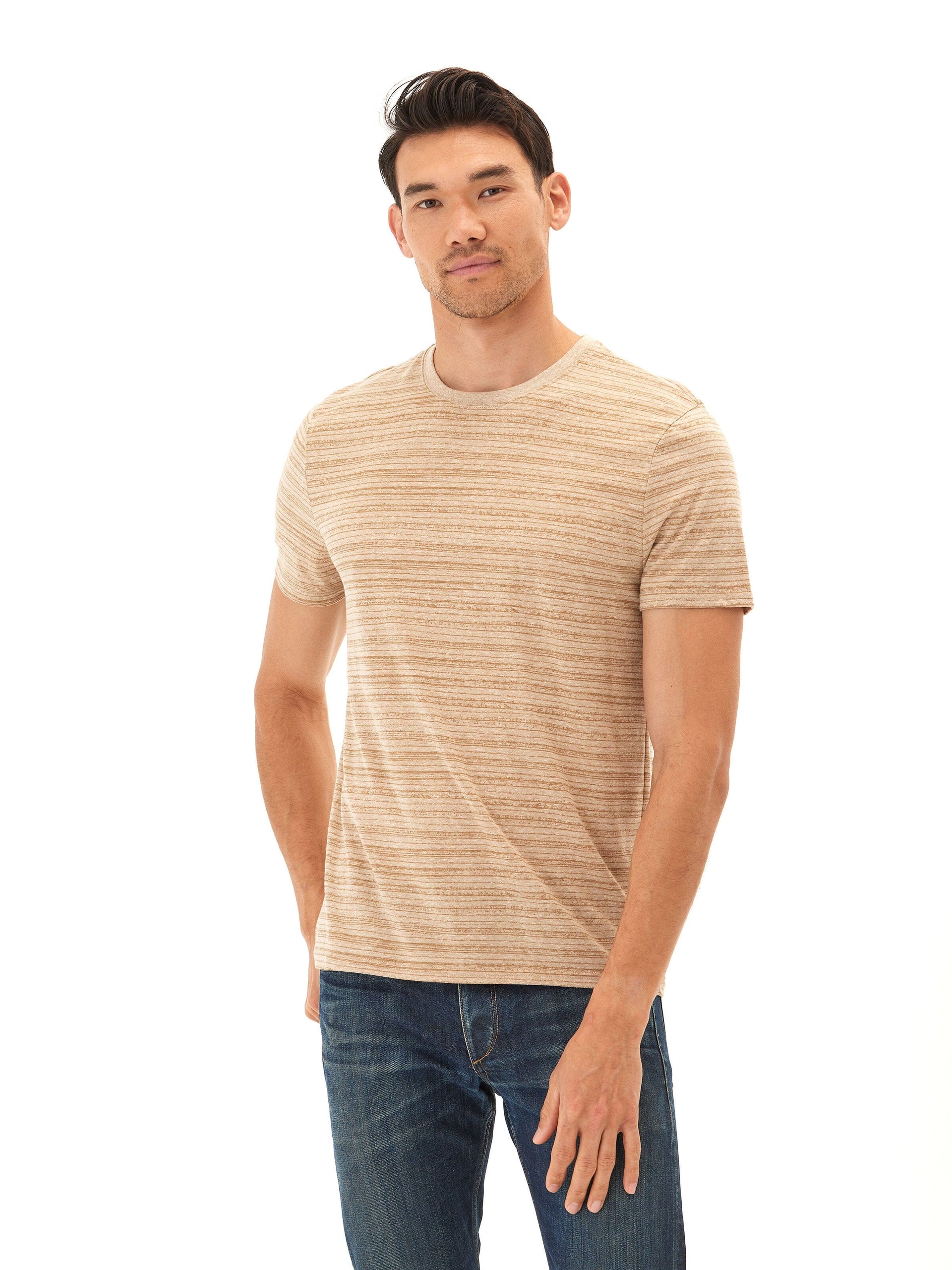 Close up of a Stripe Triblend Jersey Crew Tee in a soft fabric with elevated neck detail.