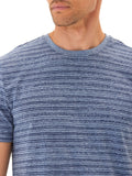 Men wearing a blue and white striped triblend jersey crew neck tee with a small hem tab logo