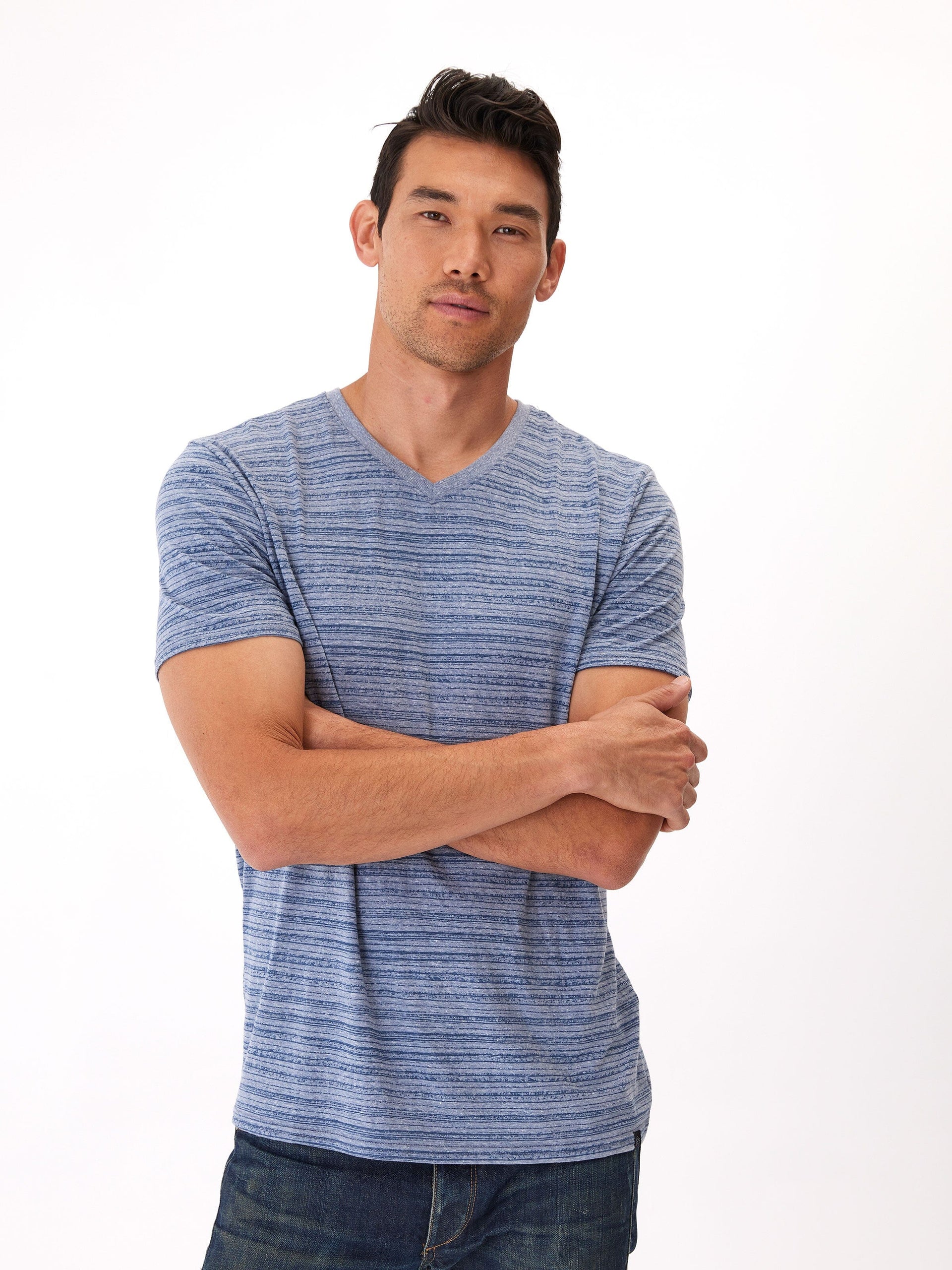 Men's Stripe Triblend Jersey V-Neck Tee in Blue and White