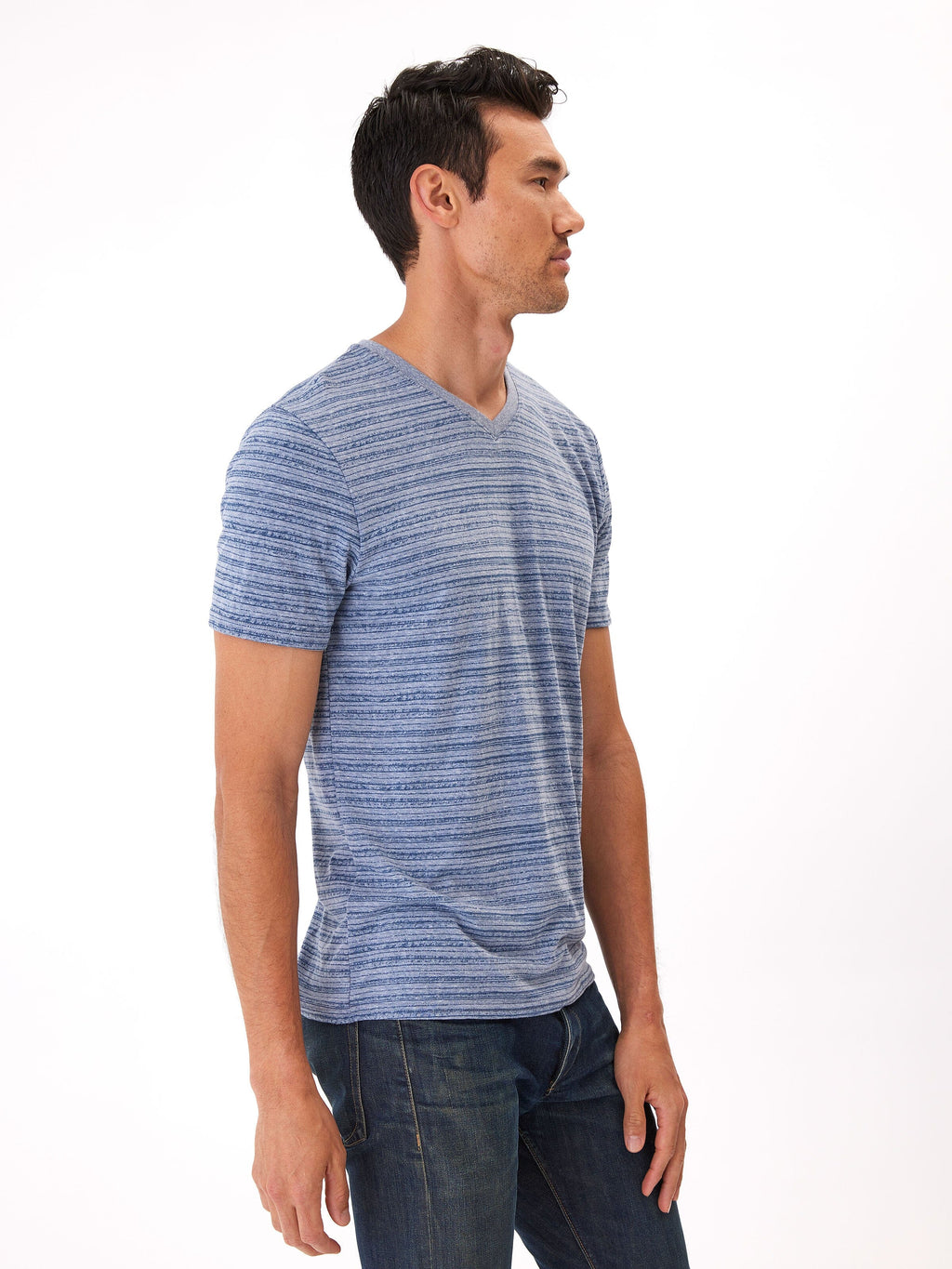 Men's Stripe Triblend Jersey V-Neck Tee in Blue and White