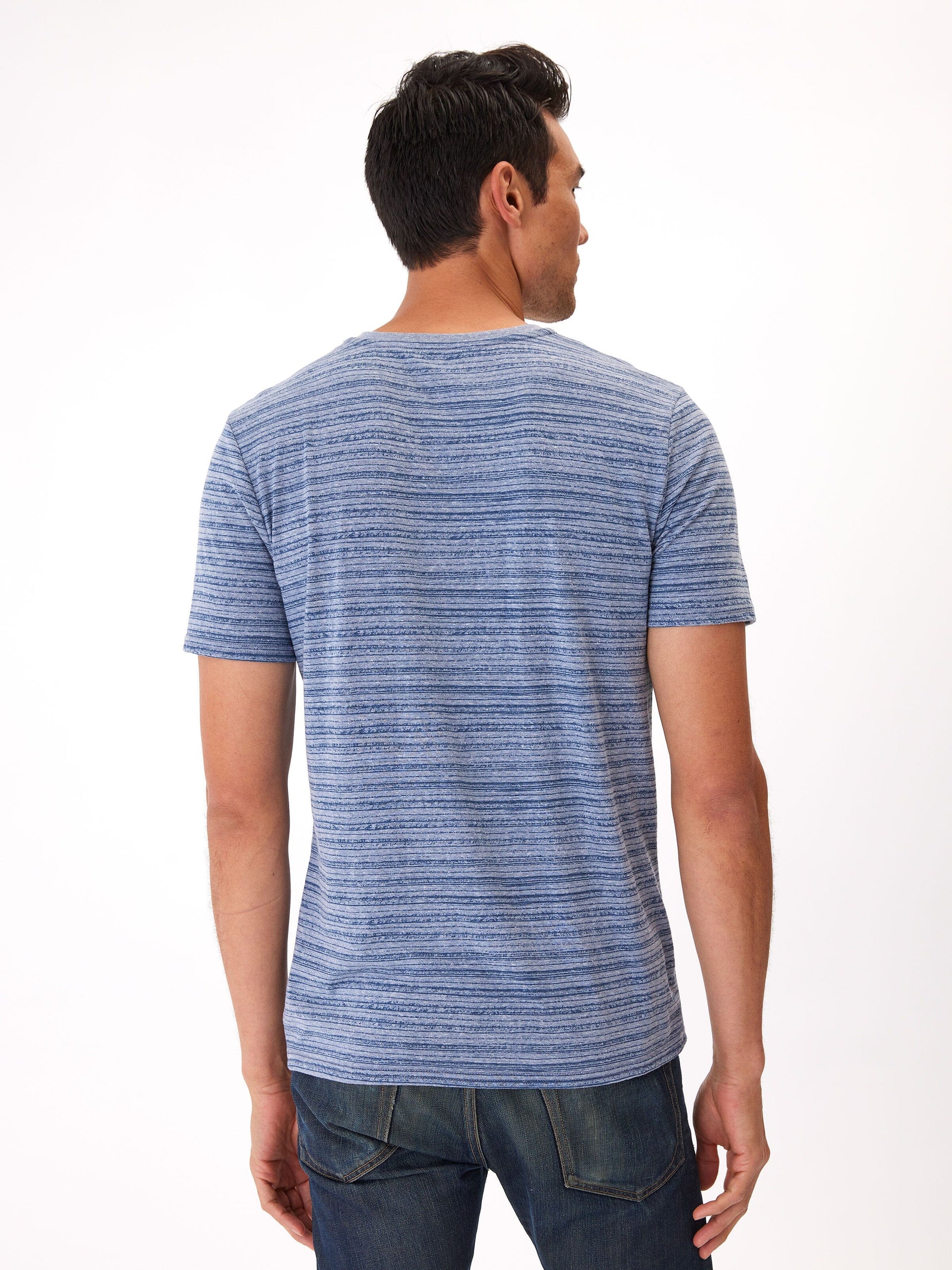 Men's Stripe Triblend Jersey V-Neck Tee in Blue and White