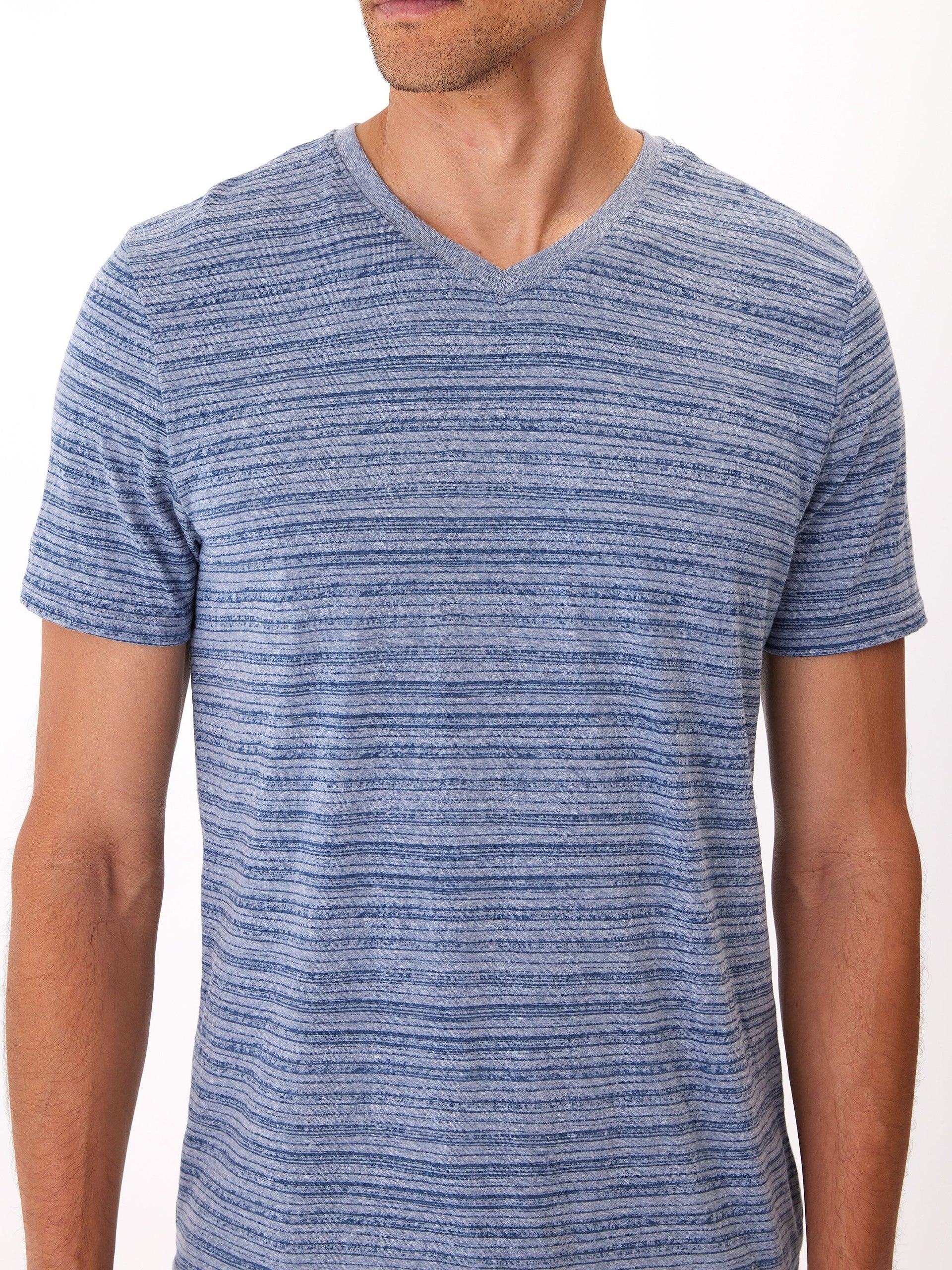 Men's Stripe Triblend Jersey V-Neck Tee in Blue and White