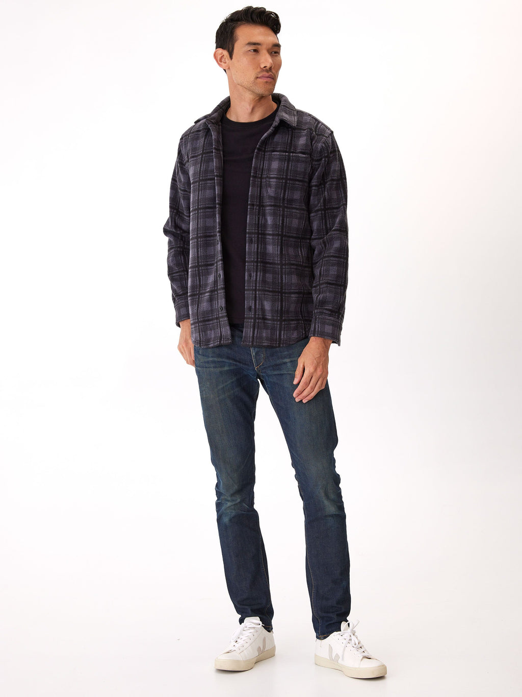 Men's Plaid Fleece Button Up Shirt in Charcoal Grey and Black