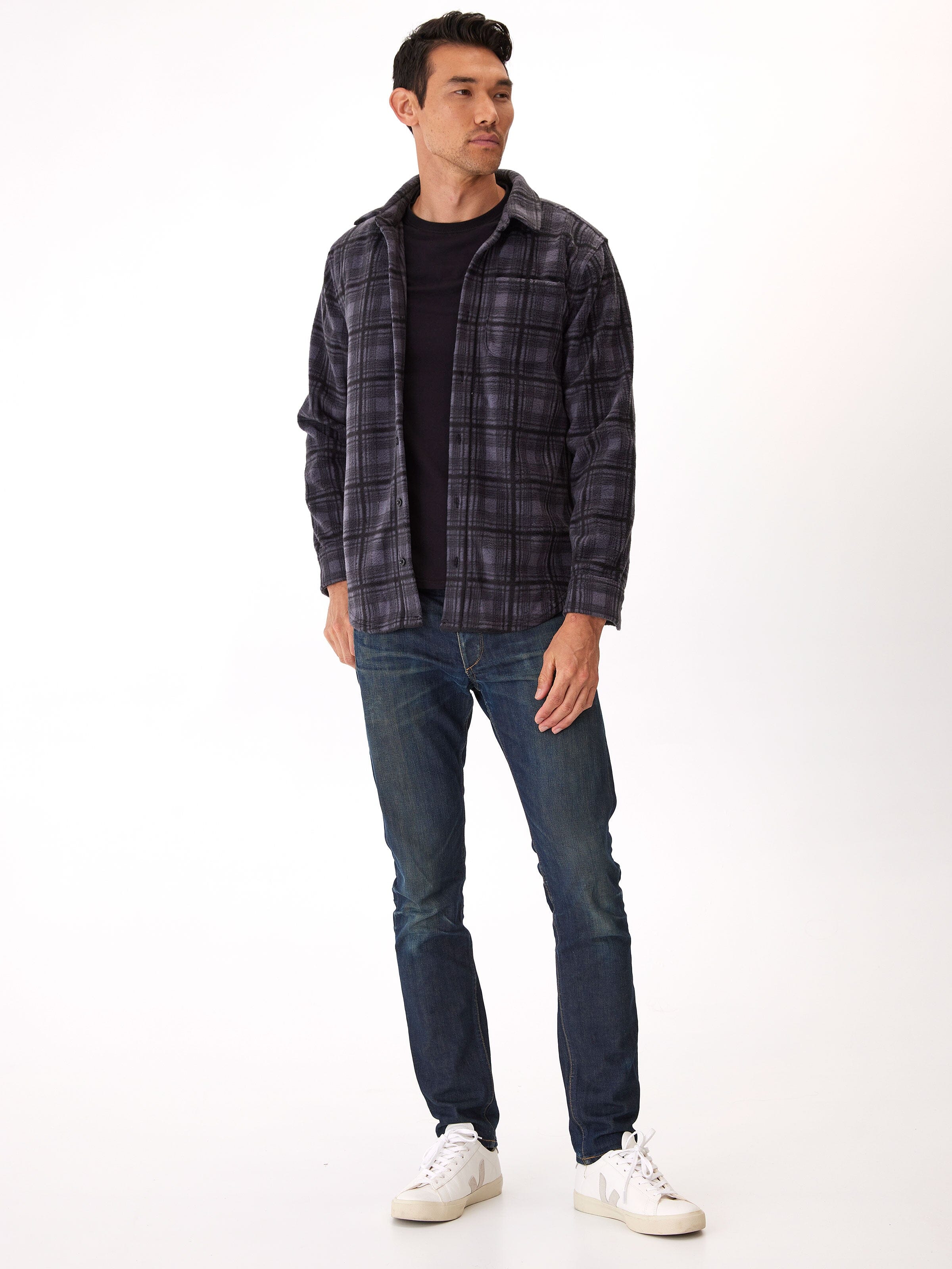 Men's Plaid Fleece Button Up Shirt in Charcoal Grey and Black