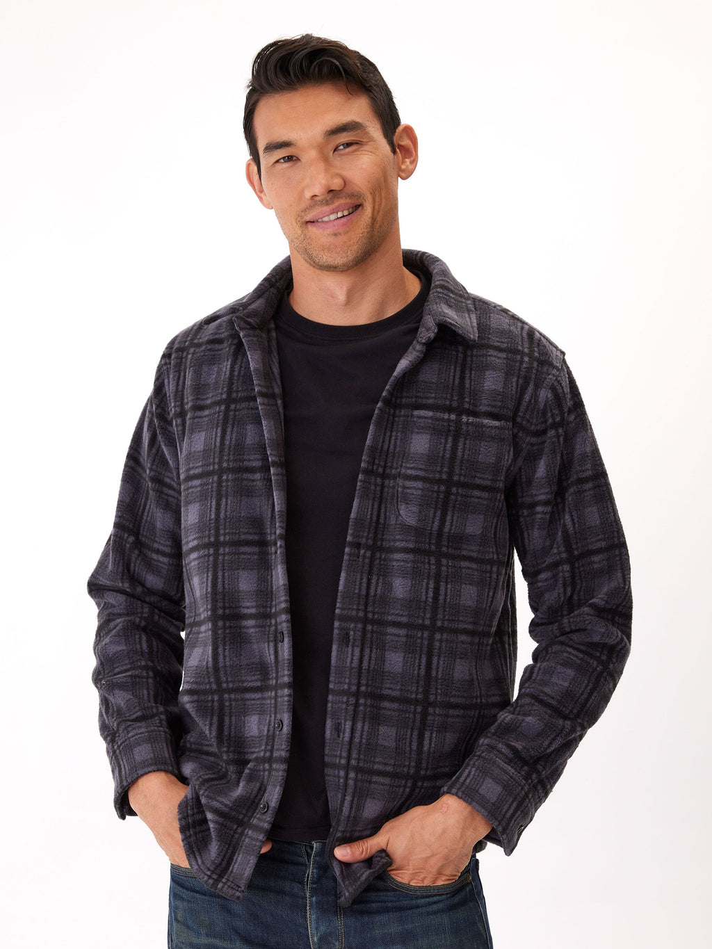 Men's Plaid Fleece Button Up Shirt in Charcoal Grey and Black