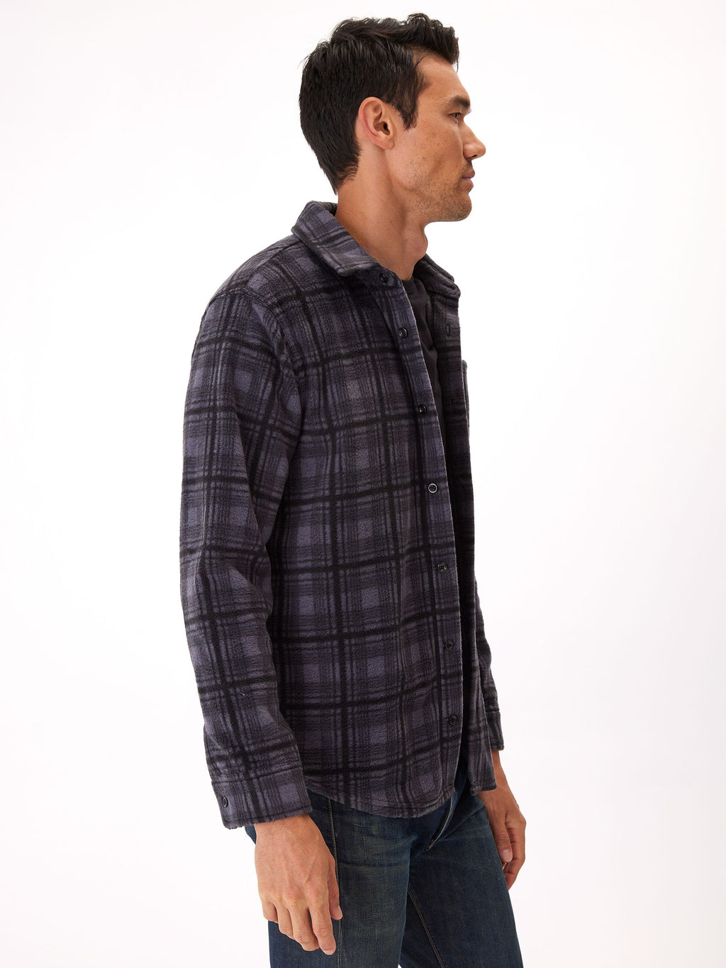 Men's Plaid Fleece Button Up Shirt in Charcoal Grey and Black