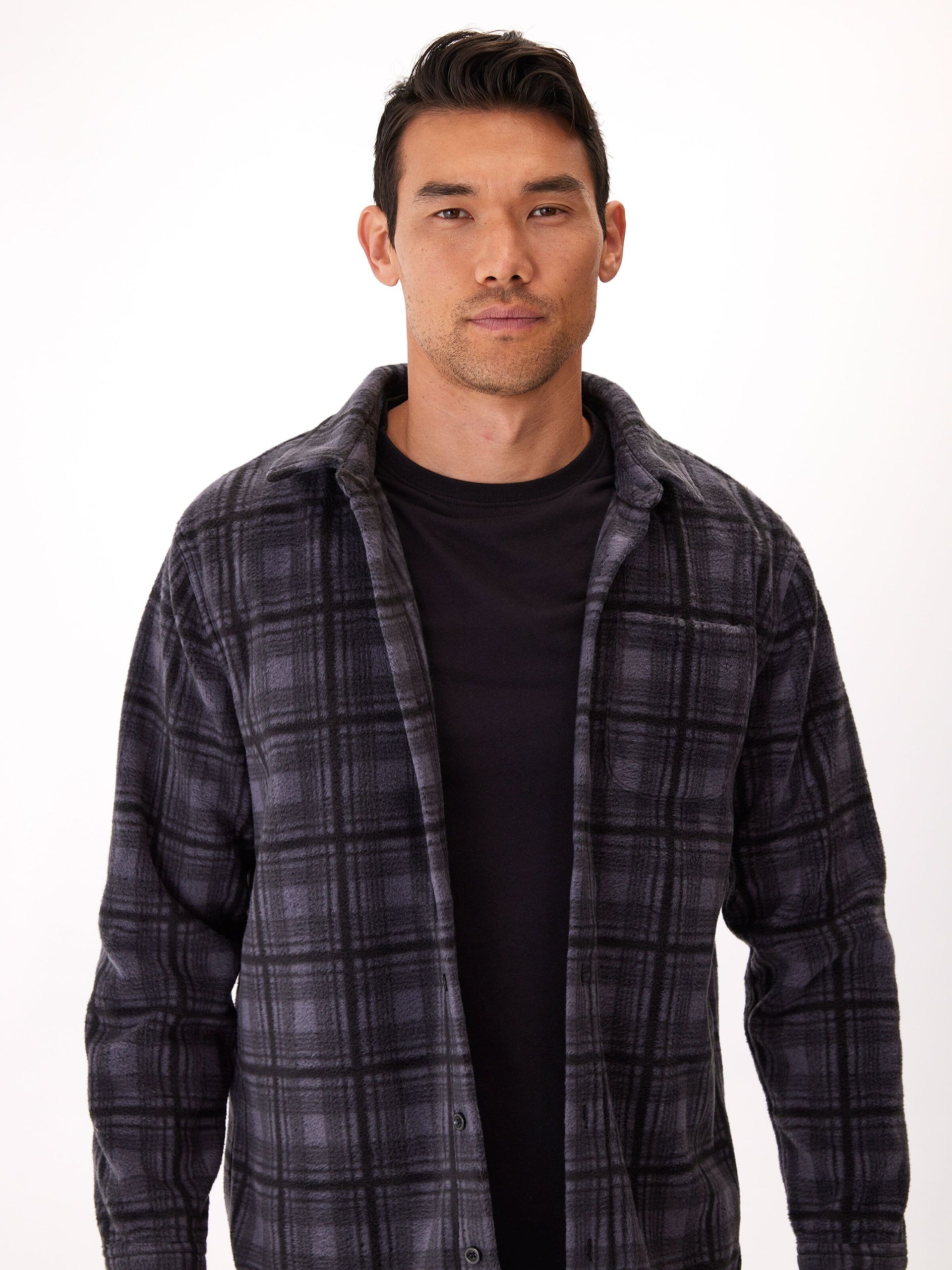 Men's Plaid Fleece Button Up Shirt in Charcoal Grey and Black