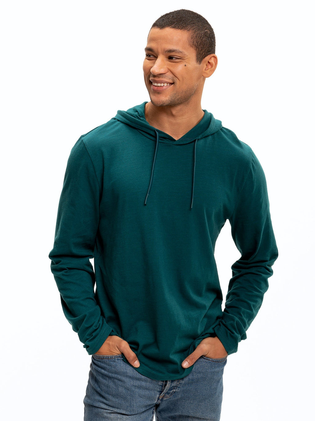 Tailored fit slub jersey pullover hoodie in dark green, made from 100% organic cotton knit.