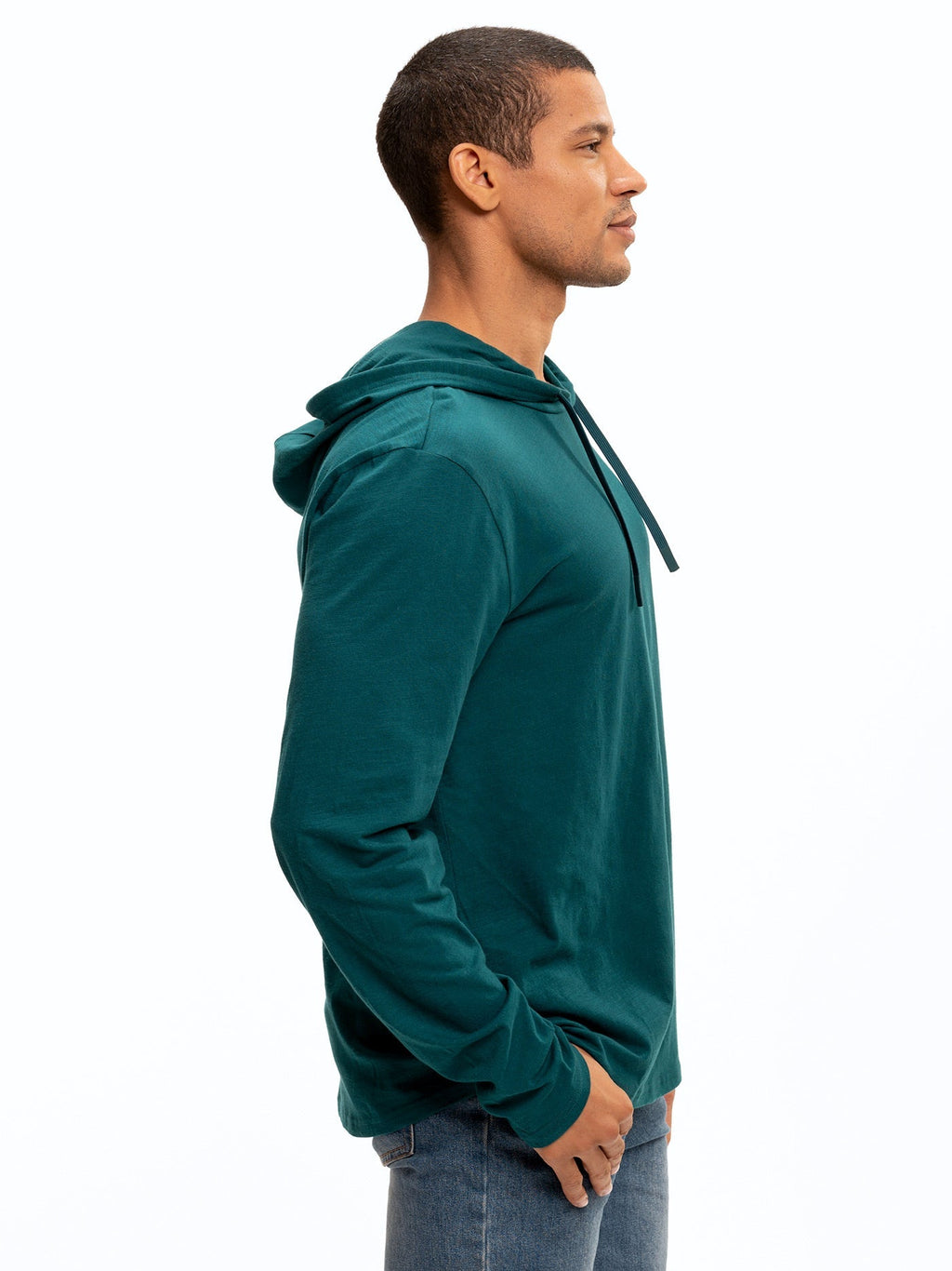 Men's Slub Jersey Pullover Hoodie in Dark Green and Teal